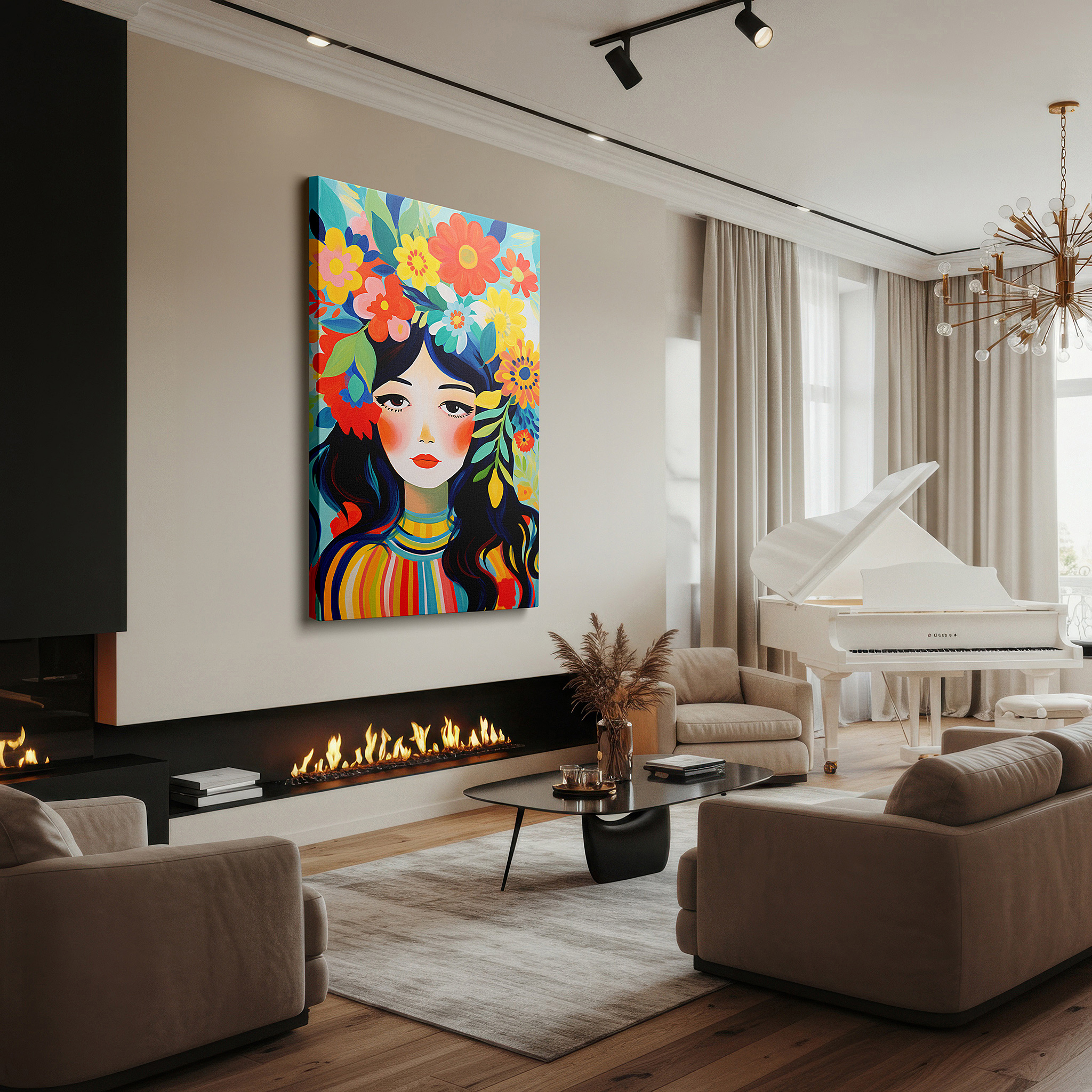 Displayed above a contemporary leather sofa in warm light — vibrant nature crowned woman: a tribute to femininity and floral grandeur - large wall art, canvas wall art, wall decor, office wall art
