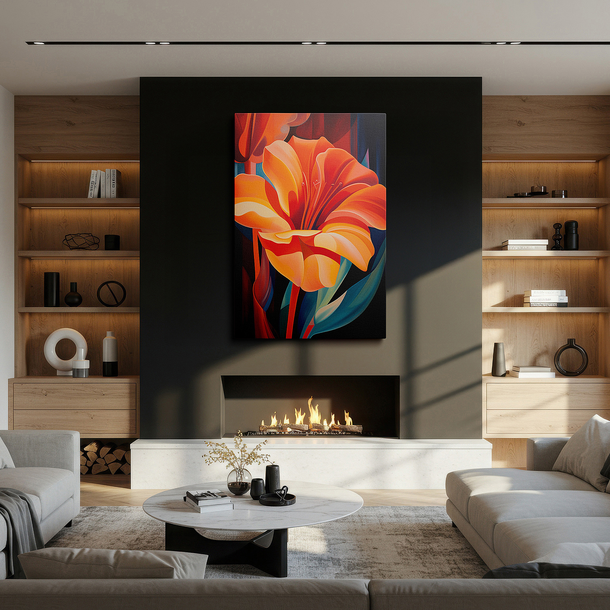 Displayed above a contemporary leather sofa in warm light — vibrant orange abstract flower large canvas wall art, perfect for office and bedroom decor