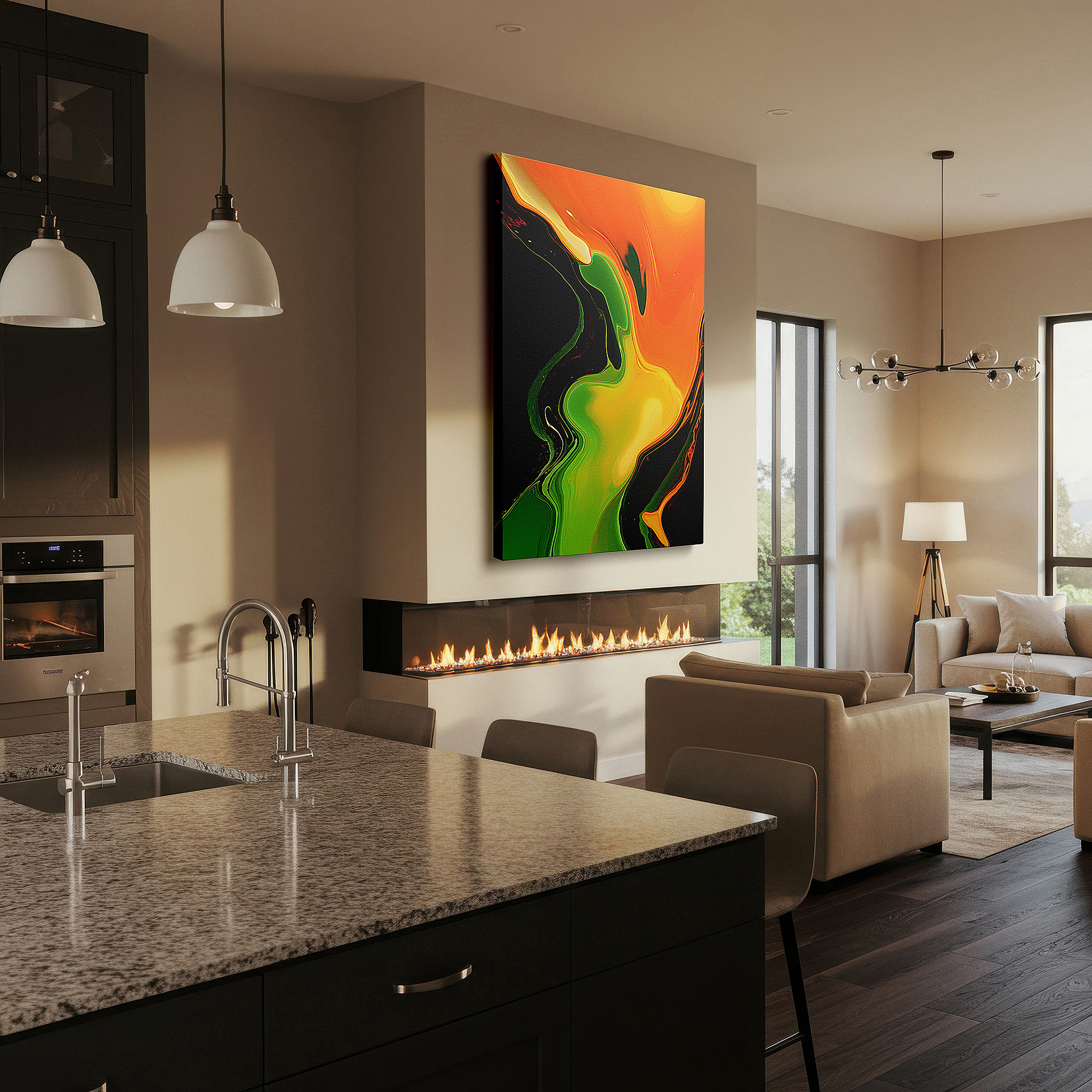 Displayed above a contemporary leather sofa in warm light — vibrant orange and black dance of light and darkness large canvas wall art for office and bedroom decor