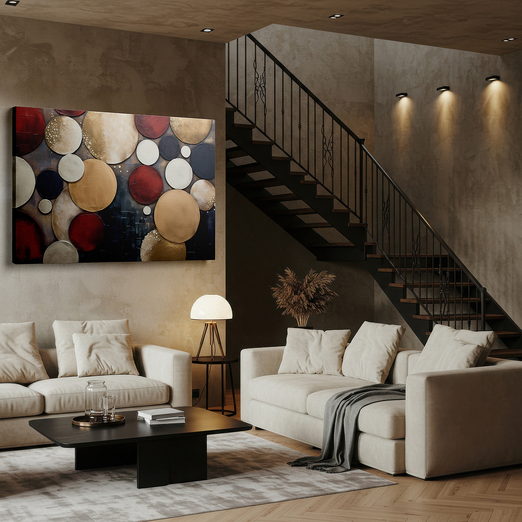 Displayed above a contemporary leather sofa in warm light — vibrant overlapping circles large wall art for modern spaces, canvas wall decor for office and bedroom