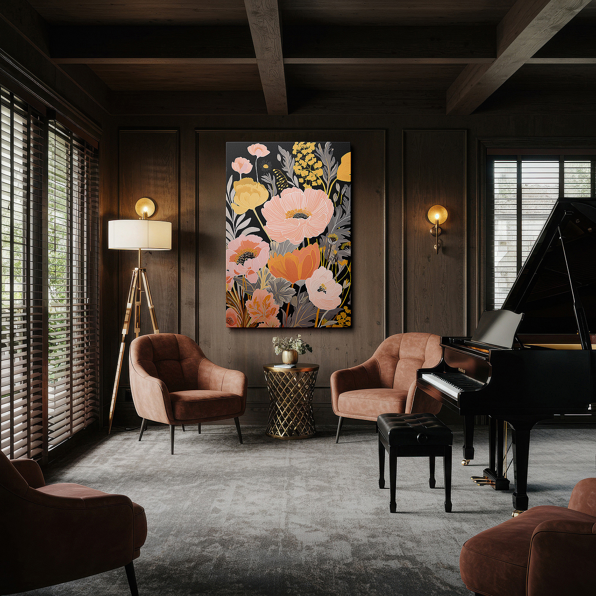 Displayed above a contemporary leather sofa in warm light — vibrant pastel flowers on a stark black background - celebrating nature's delicate artistry, large canvas wall art