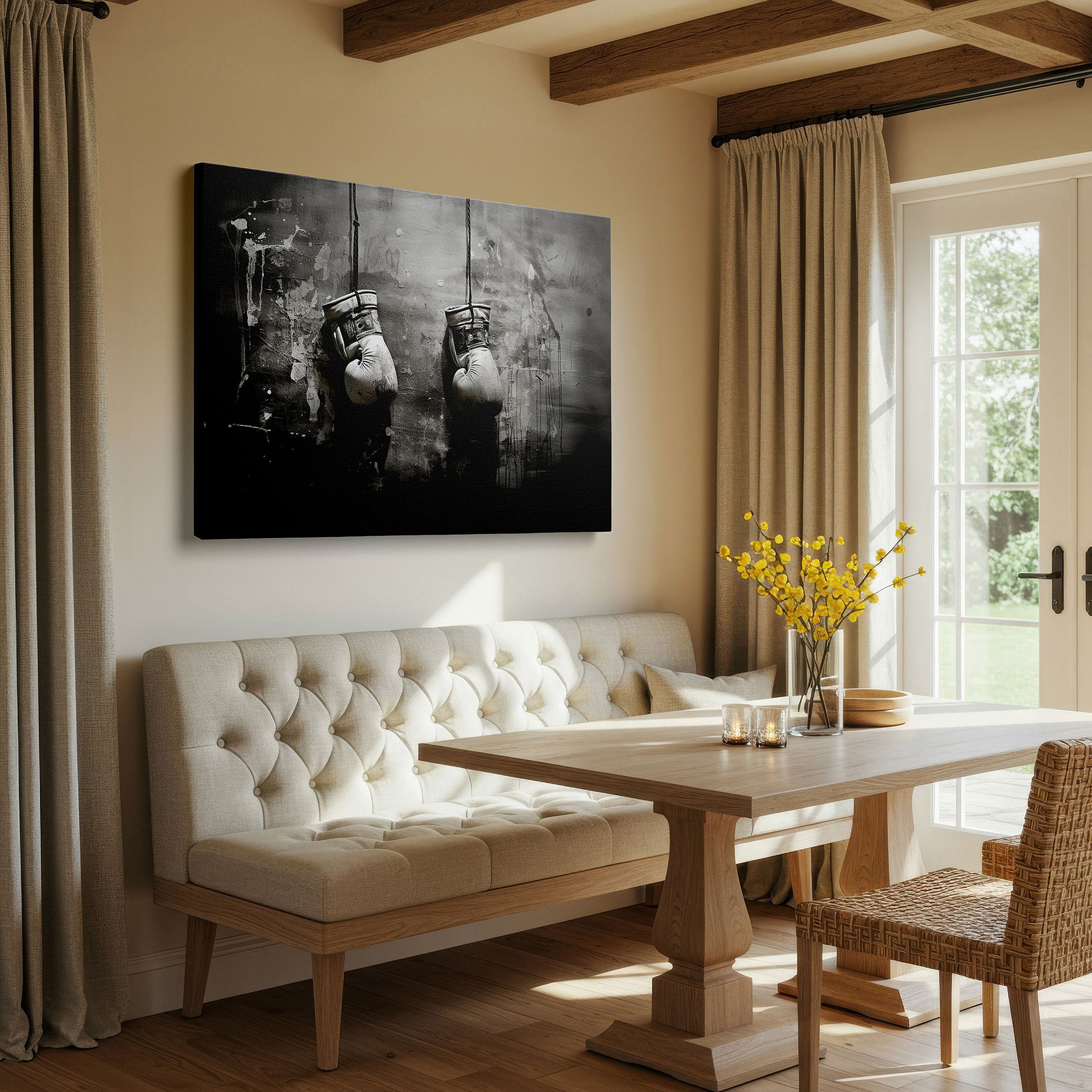 Displayed above a contemporary leather sofa in warm light — vintage black and white boxing gloves large wall art, timeless boxing legacy canvas, office and bedroom wall decor