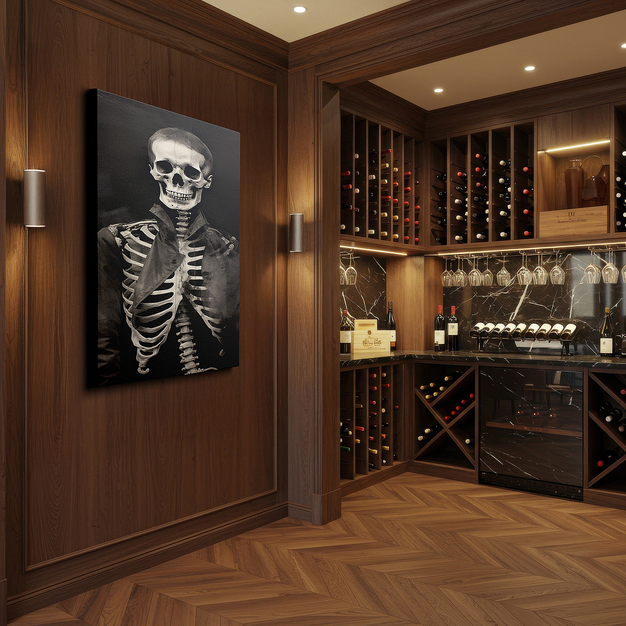 Displayed above a contemporary leather sofa in warm light — wall art: 19th-century skeleton in historical attire - large canvas for home and office decor, ideal for living rooms and bedrooms