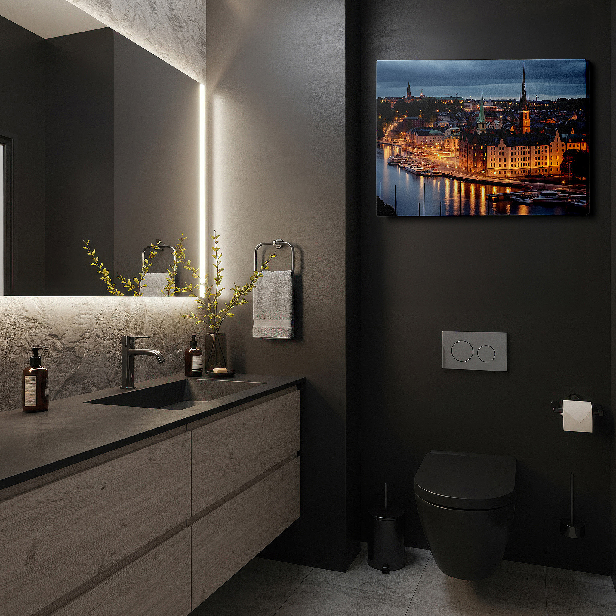 Displayed above a contemporary leather sofa in warm light — wall art: captivating night in stockholm - blending historical charm with contemporary energy, large canvas wall art, decorative wall art for office