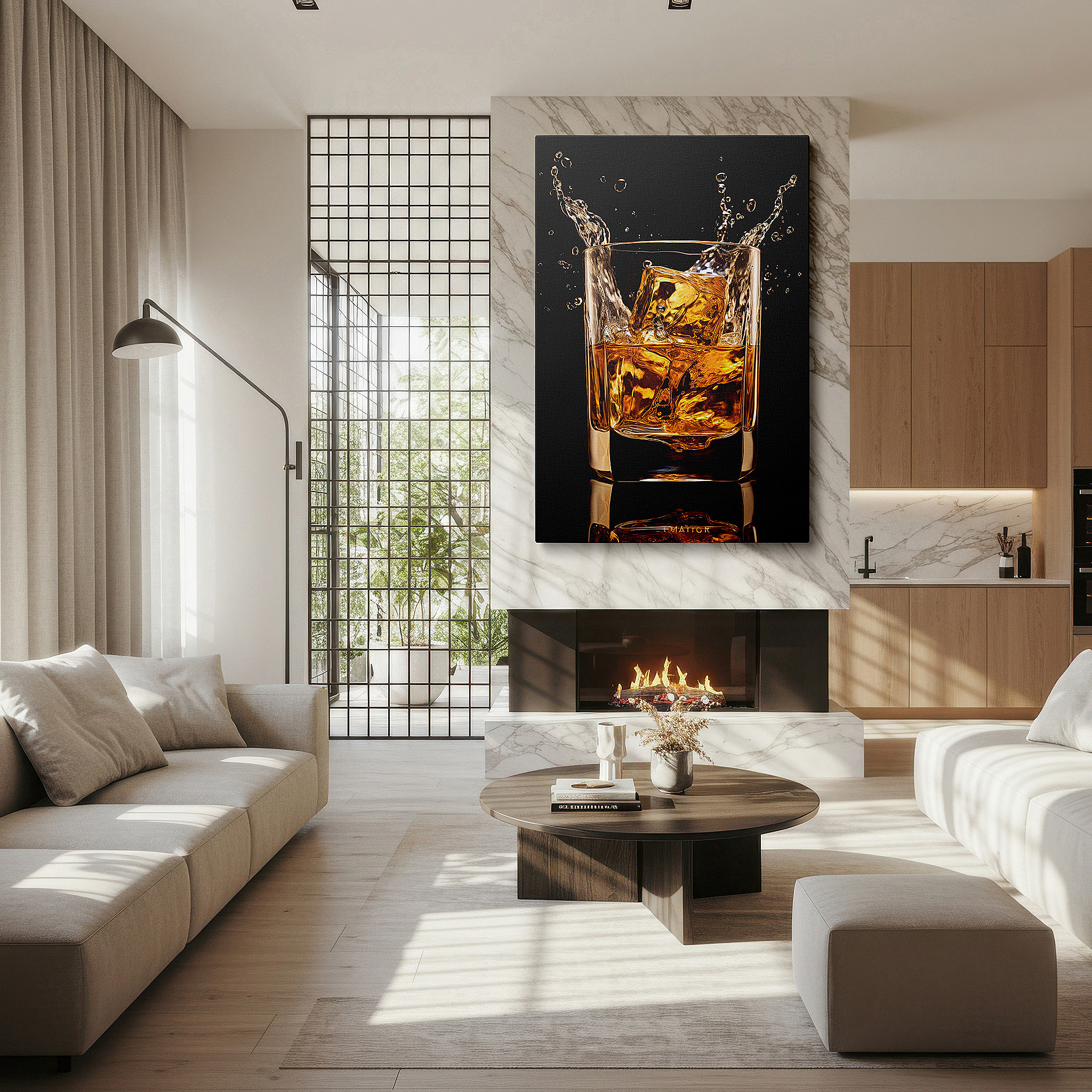 Displayed above a contemporary leather sofa in warm light — wall art: "a dance of ice and whiskey amidst golden splashes" - large canvas art for office, bedroom, and living room decor