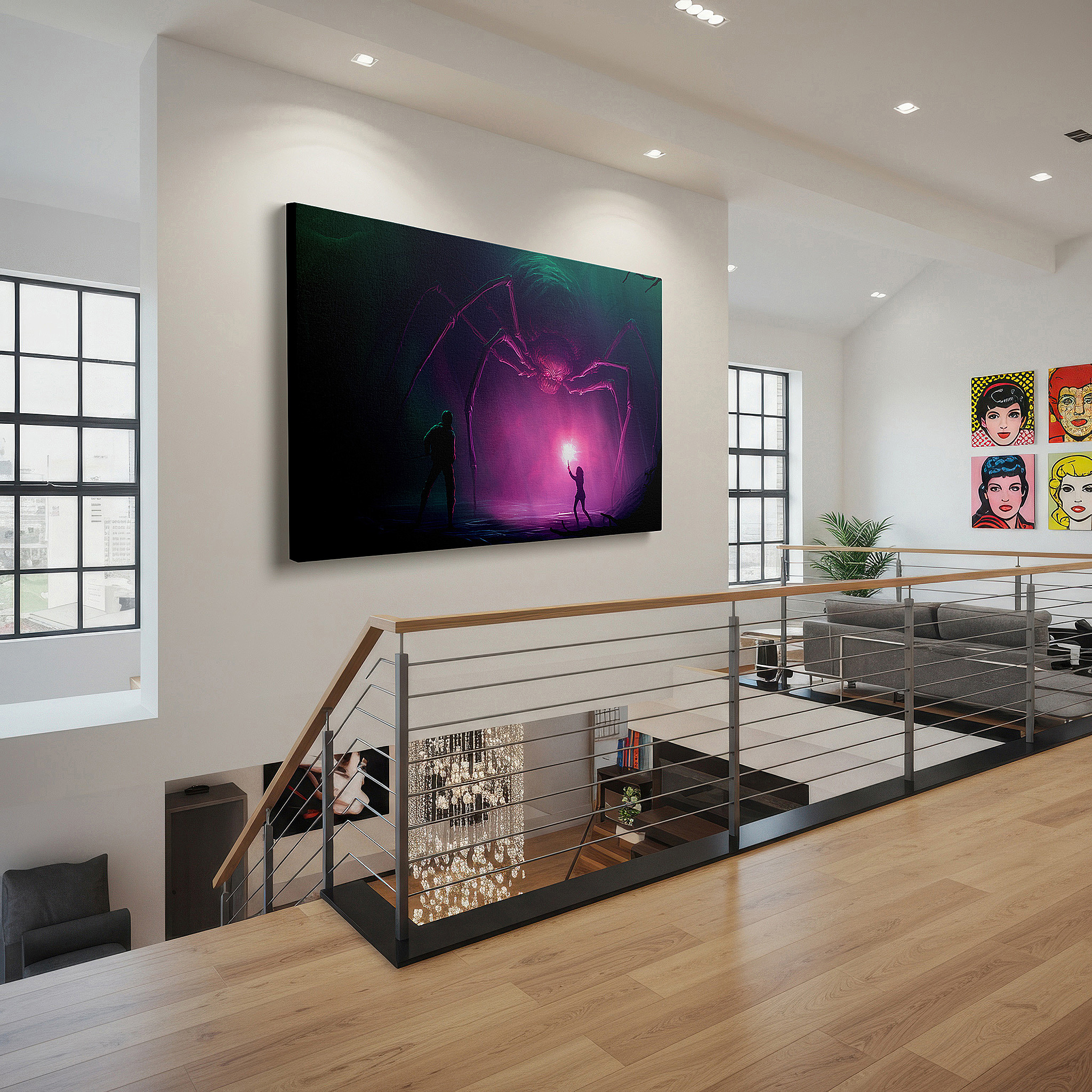 Displayed above a contemporary leather sofa in warm light — wall art: epic confrontation of courage vs. fear in a mystical realm - large canvas wall art for office and bedroom decor