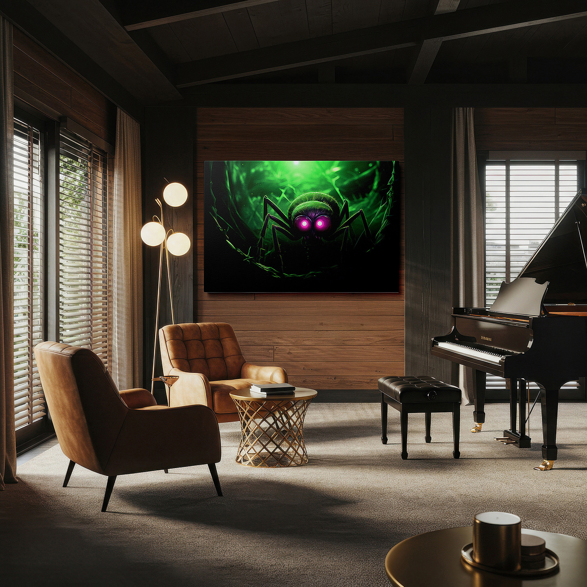 Displayed above a contemporary leather sofa in warm light — wall art: large hyper-realistic menacing spider with glowing eyes and shadowy ambiance - canvas wall art for office and bedroom decor