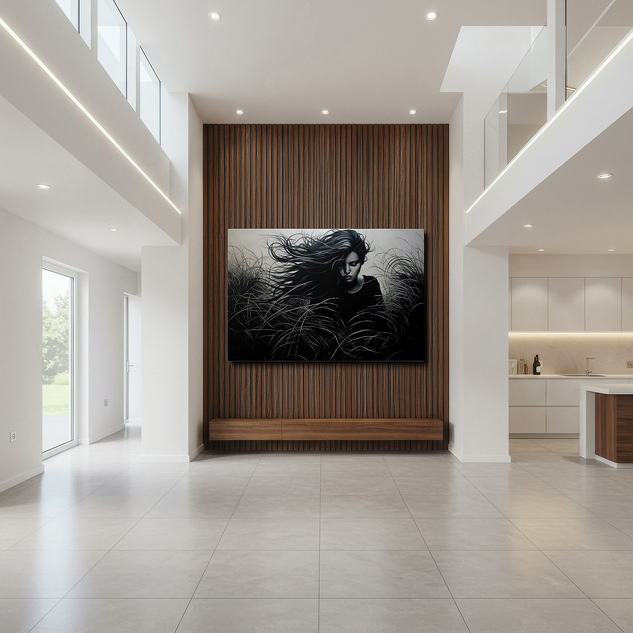 Displayed above a contemporary leather sofa in warm light — wall art: serene black and white image of a thoughtful woman in an expansive meadow - large canvas wall art for home and office decor, perfect for living room and bedroom