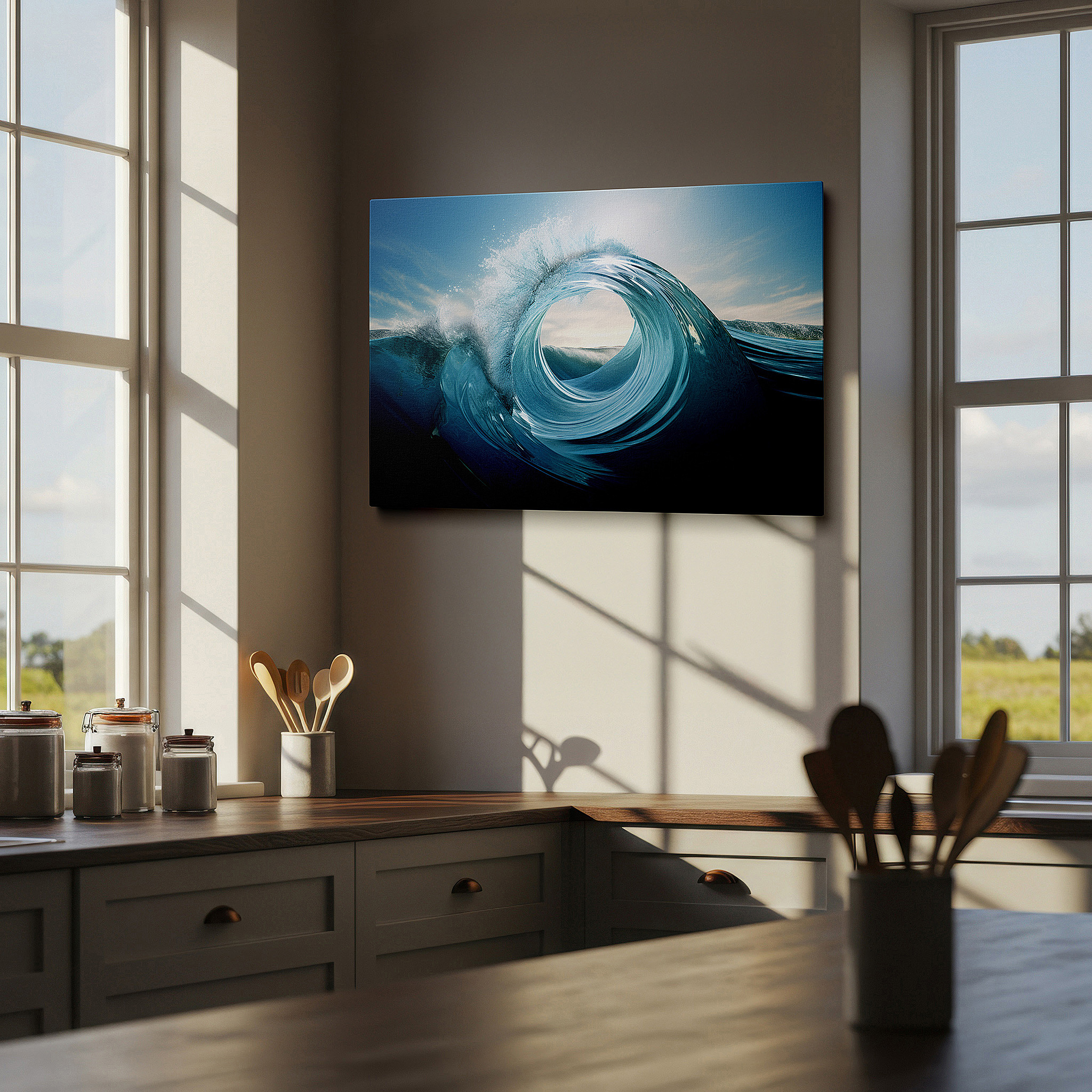 Displayed above a contemporary leather sofa in warm light — wall art: sunlit ocean wave - a hyper-realistic depiction of nature's dynamic beauty. large canvas wall art decor.