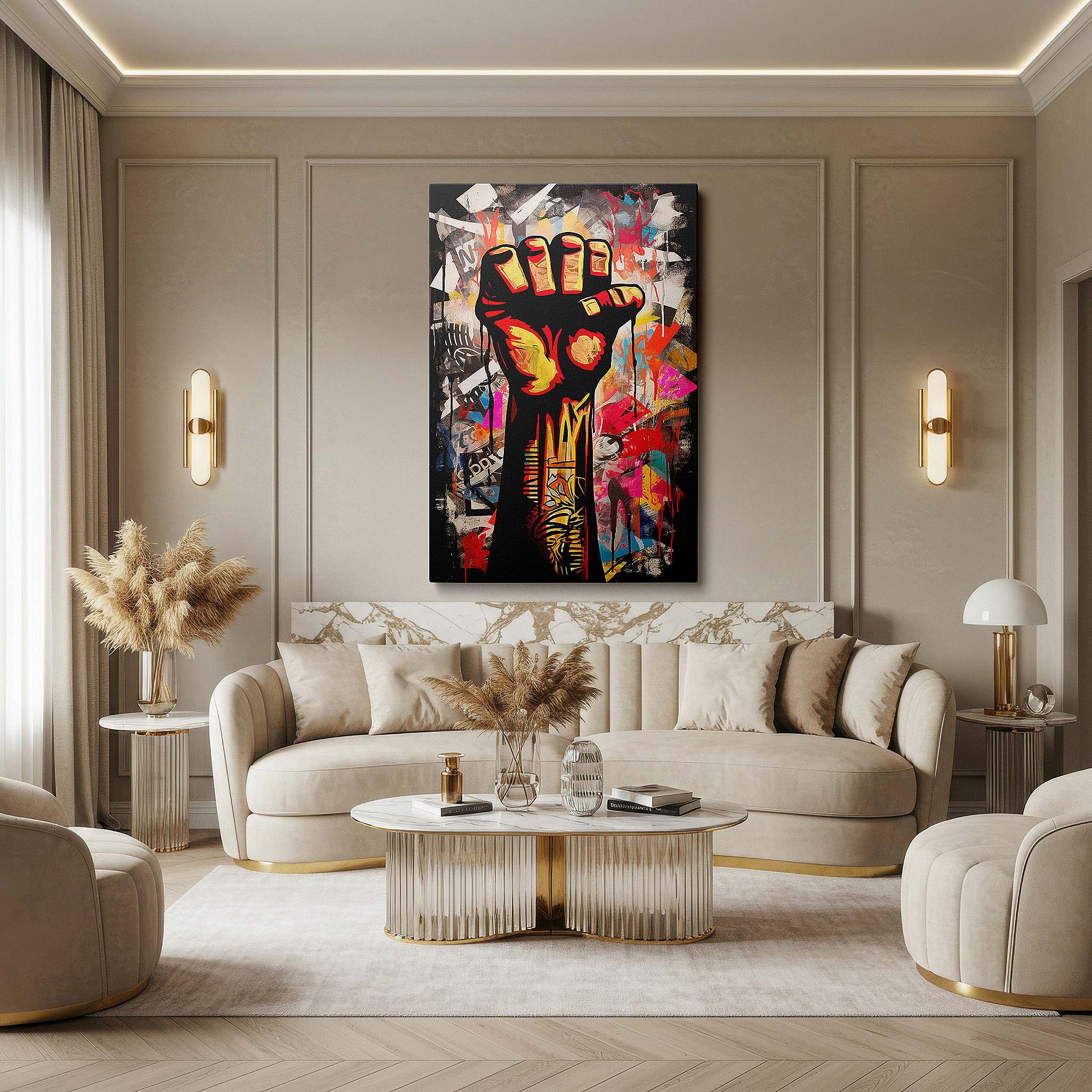 Displayed above a contemporary leather sofa in warm light — wall art: a symbol of defiance and empowerment with a raised fist surrounded by urban graffiti - large canvas wall art for home and office decor, perfect for living room and bedroom