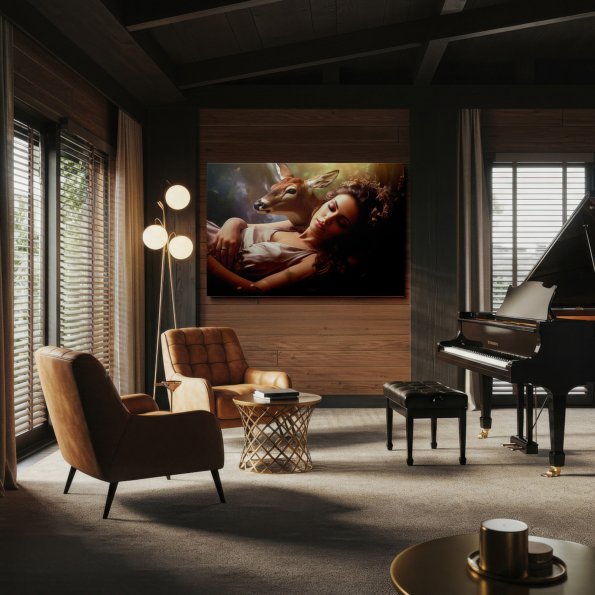 Displayed above a contemporary leather sofa in warm light — wall art: tranquil scene of a young woman and deer in peaceful embrace - large canvas wall art for home and office decor, perfect for bedroom walls