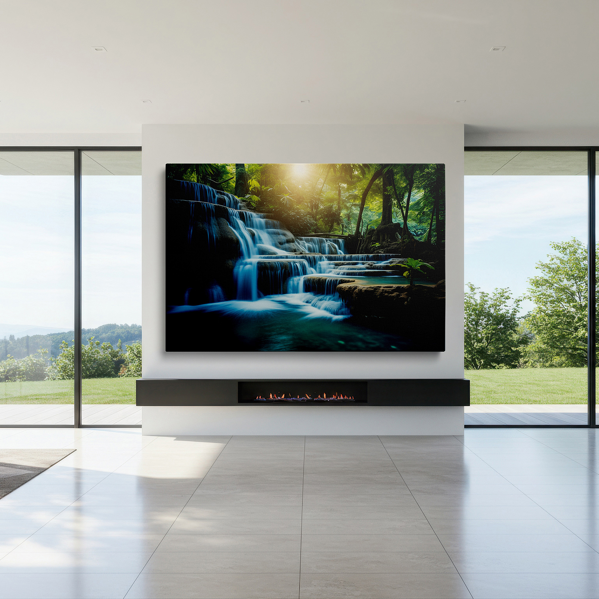 Displayed above a contemporary leather sofa in warm light — waterfall and jungle scene large wall art, tranquil sanctuary canvas decor for any room, office, or bedroom