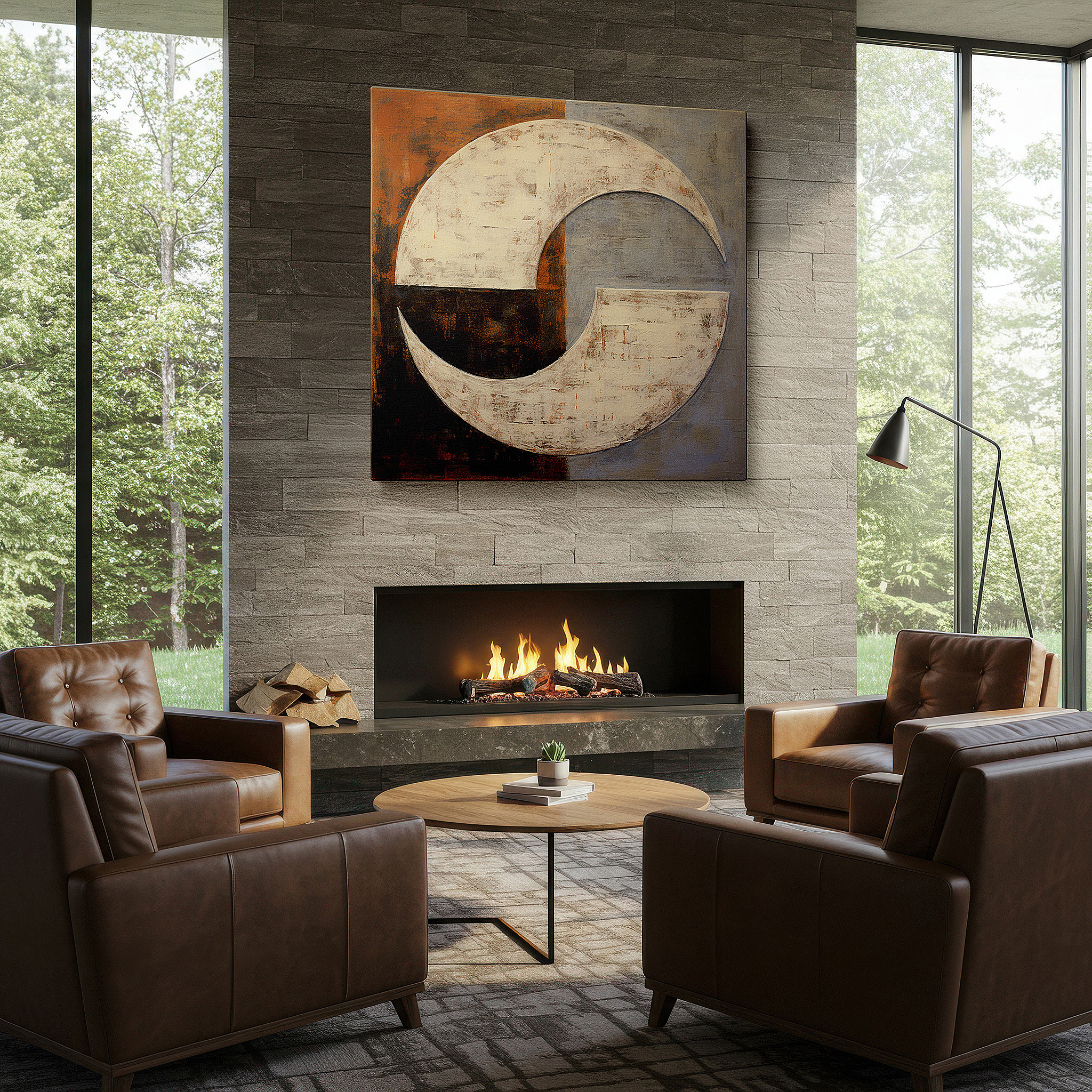 Featured in a dining room with dark wood furniture and candlelight — abstract exploration of unity and separation: vibrant half-circle wall art for home and office decor