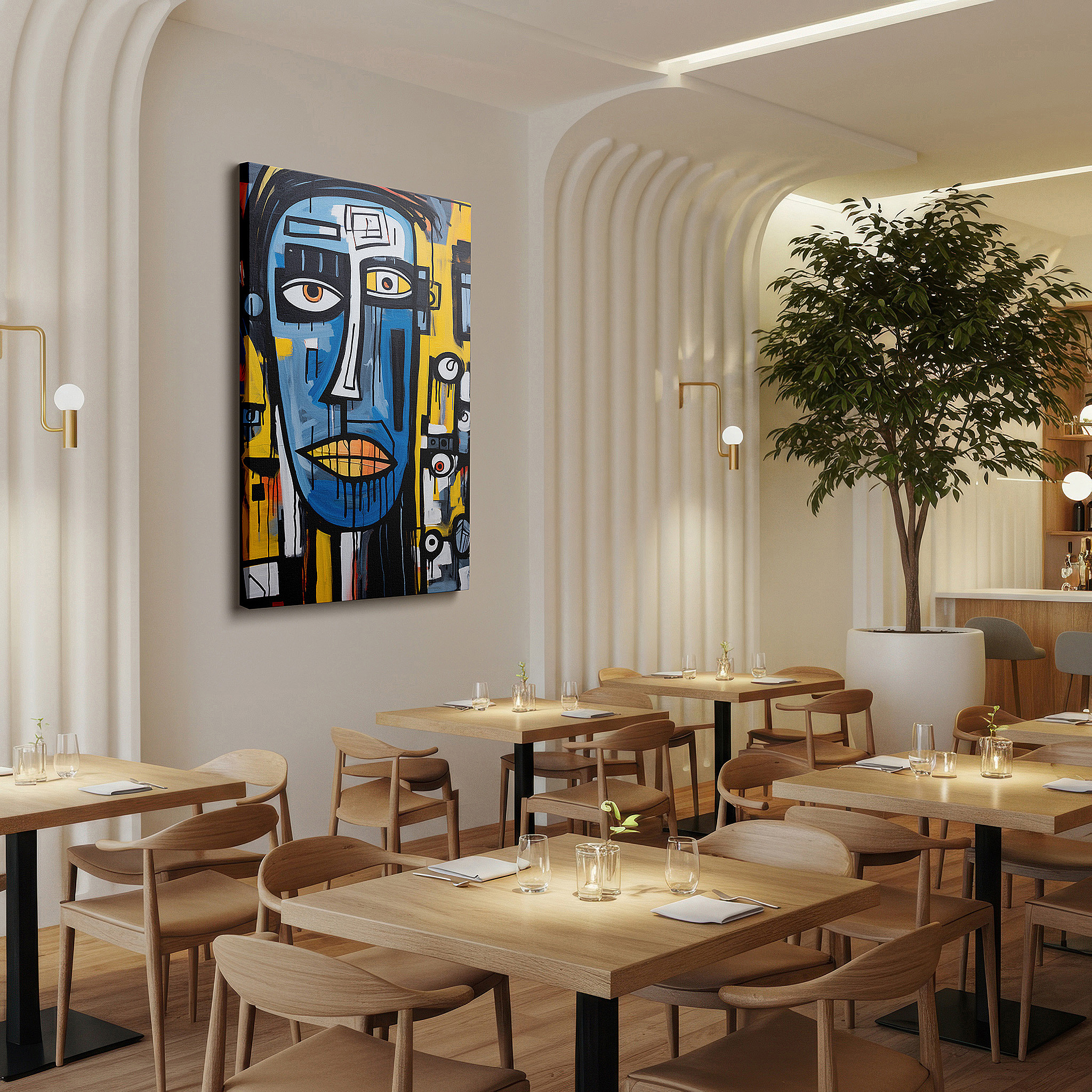 Featured in a dining room with dark wood furniture and candlelight — abstract expressionism: a bold emotional journey through blue and yellow, large canvas wall art
