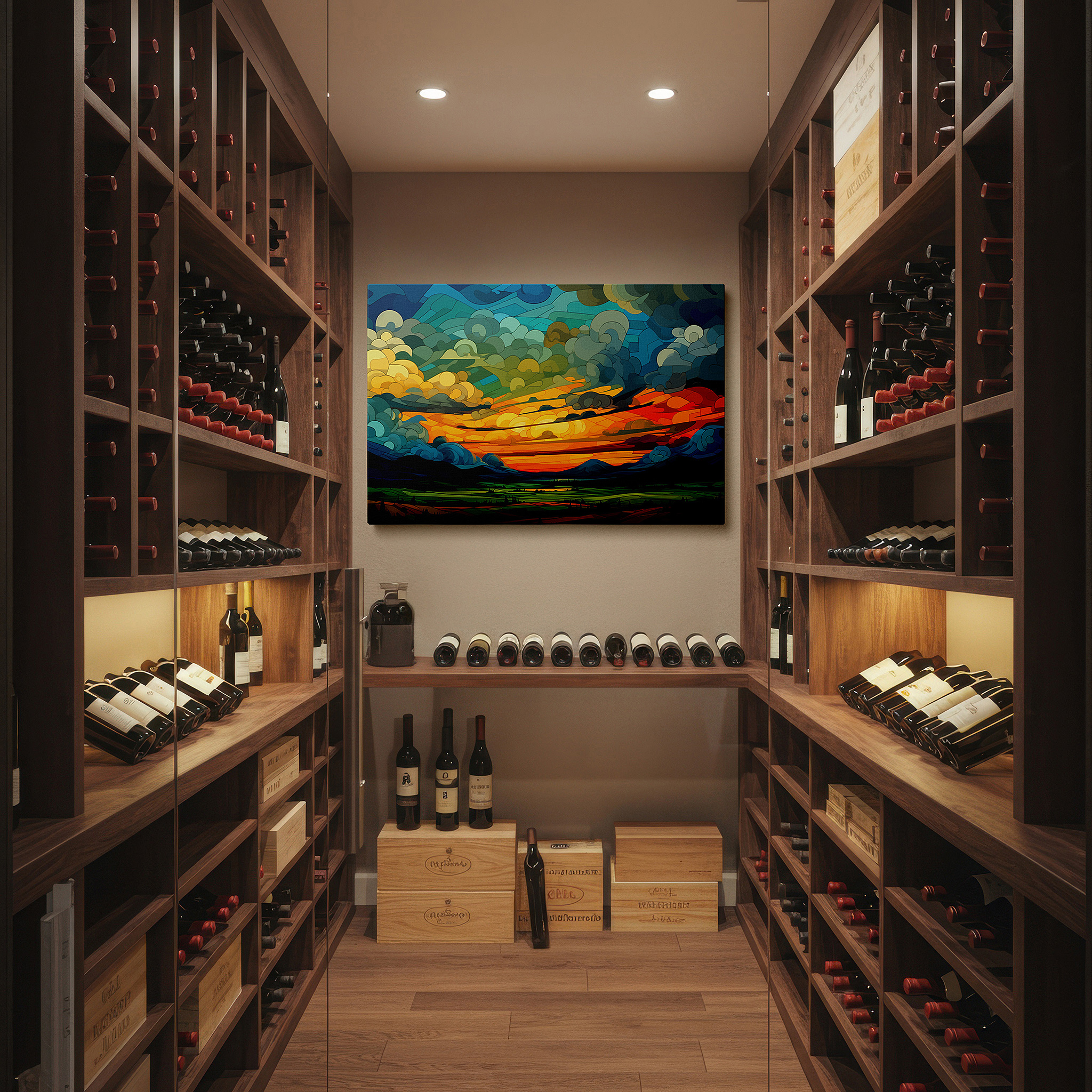 Featured in a dining room with dark wood furniture and candlelight — abstract sunset over mountain silhouettes - a captivating mix of warm and cool tones, large wall art, canvas wall art, wall decor for office
