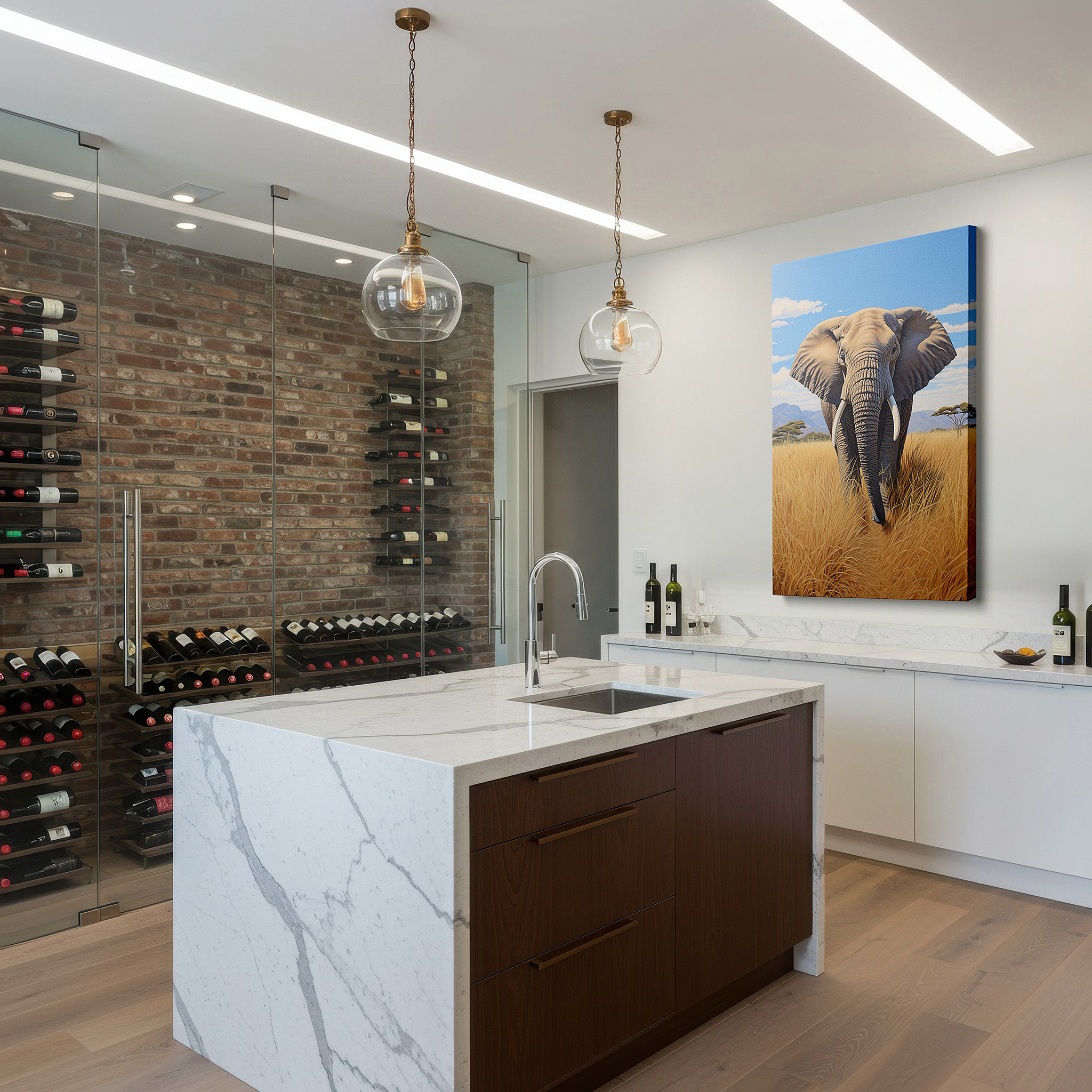 Featured in a dining room with dark wood furniture and candlelight — african elephant in golden grass with blue sky large canvas wall art for office, bedroom, and living room decor
