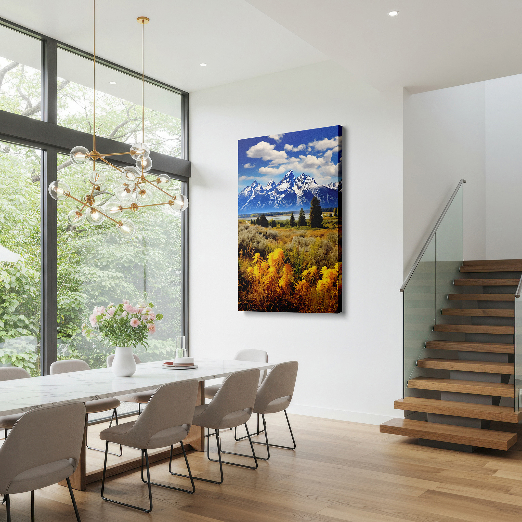Featured in a dining room with dark wood furniture and candlelight — autumn symphony: majestic tetons and reflective waters - serene mountain grandeur large wall art, canvas wall art, wall decor for office
