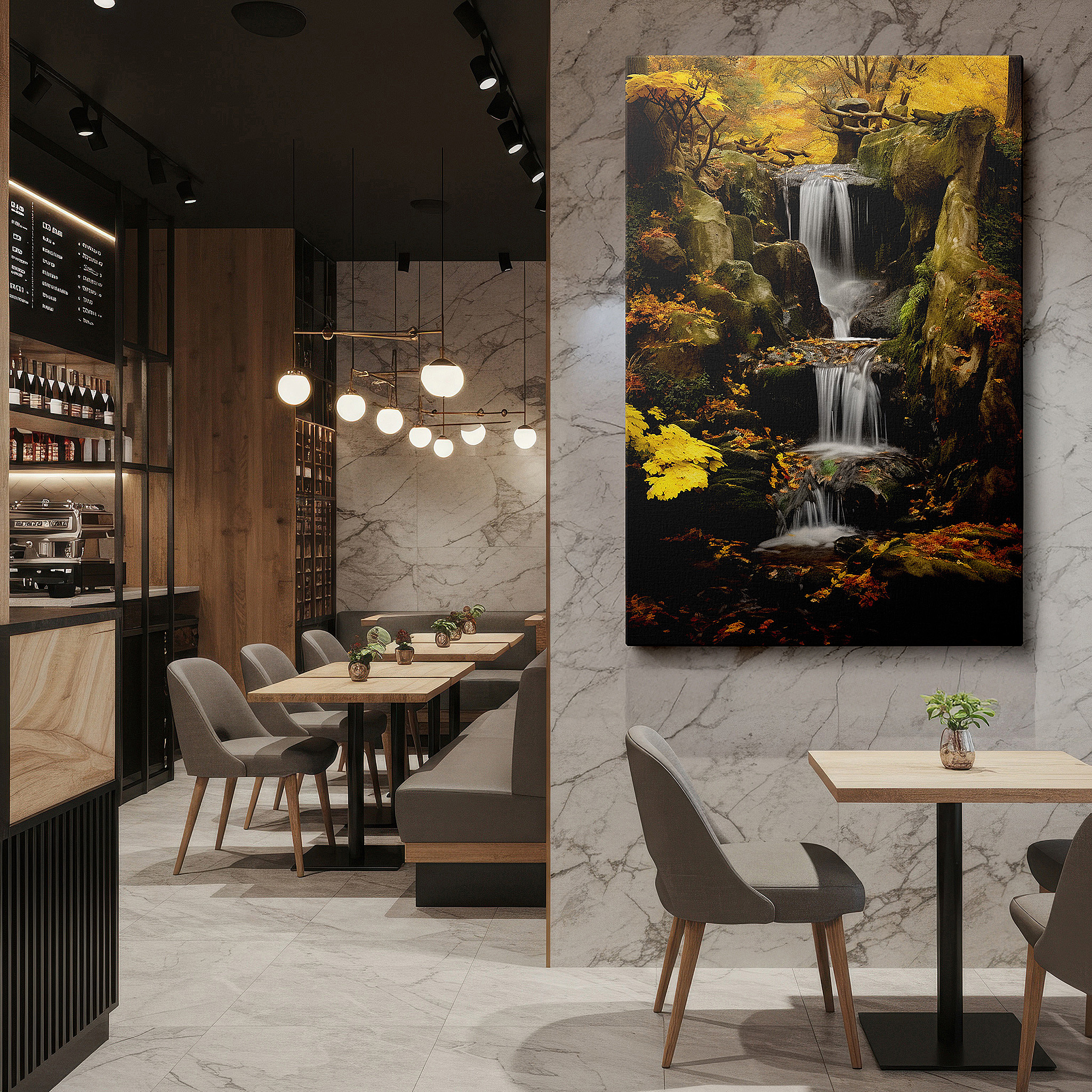 Featured in a dining room with dark wood furniture and candlelight — autumn waterfall elegance wall art: experience the tranquil symphony of cascading waters and vibrant foliage - large canvas wall art for home and office decor
