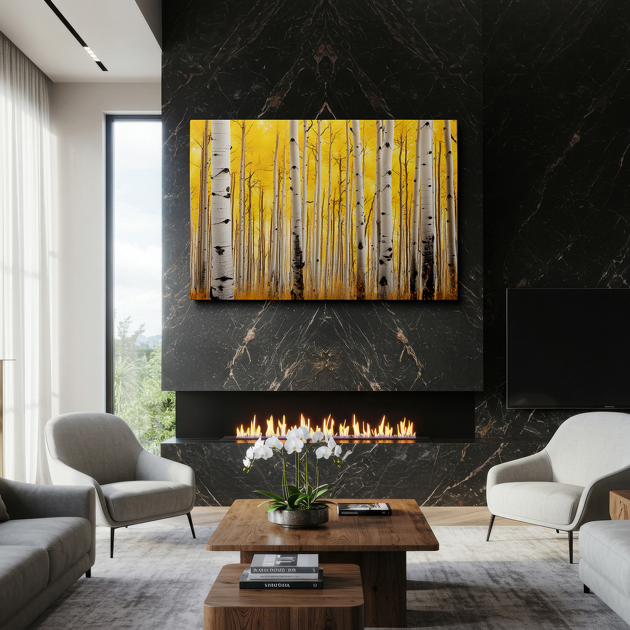 Featured in a dining room with dark wood furniture and candlelight — autumnal tranquility: aspen grove - vibrant and peaceful nature scene, large canvas wall art for home and office decor