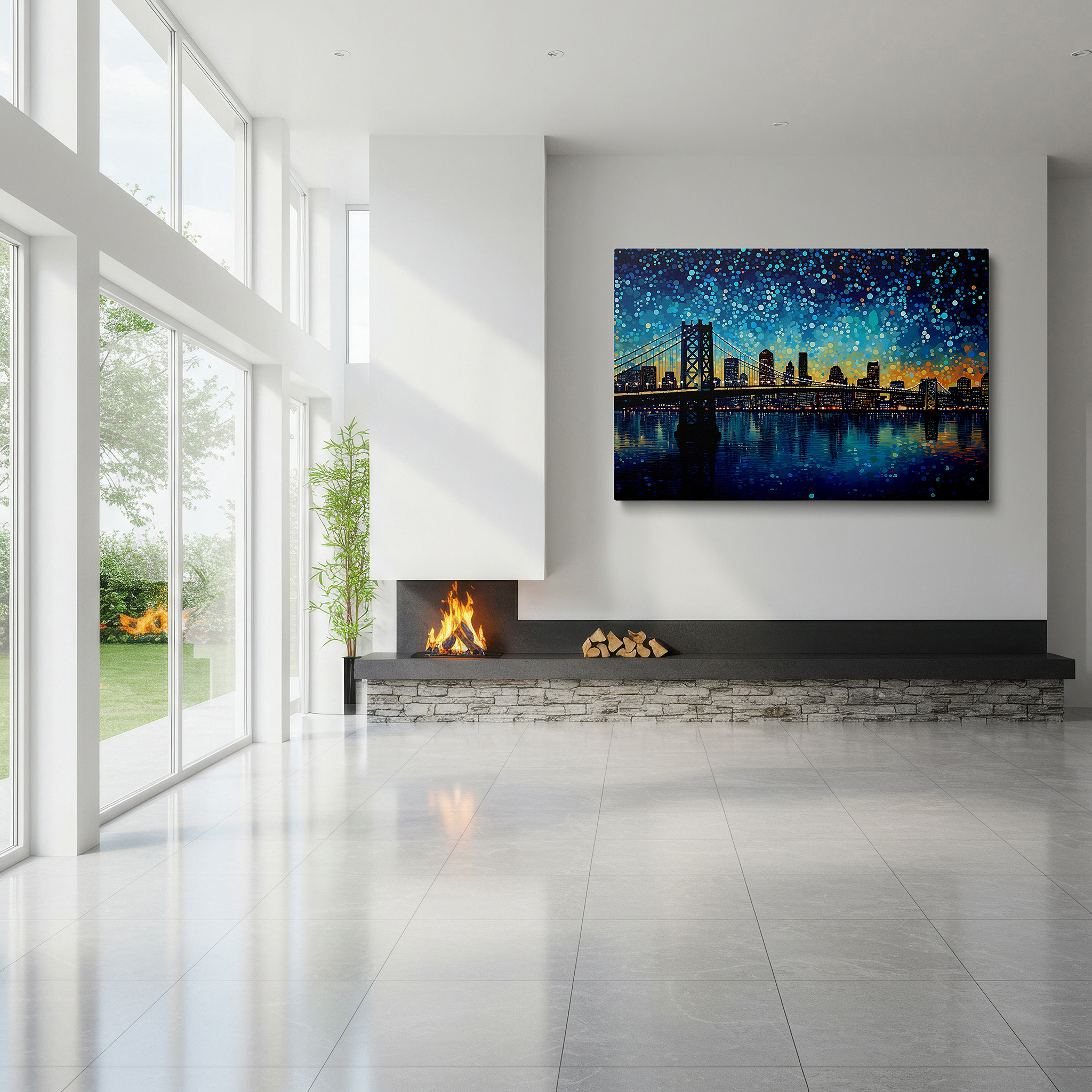 Featured in a dining room with dark wood furniture and candlelight — bay bridge and city skyline nighttime splendor large canvas wall art for office, bedroom, and living room decor
