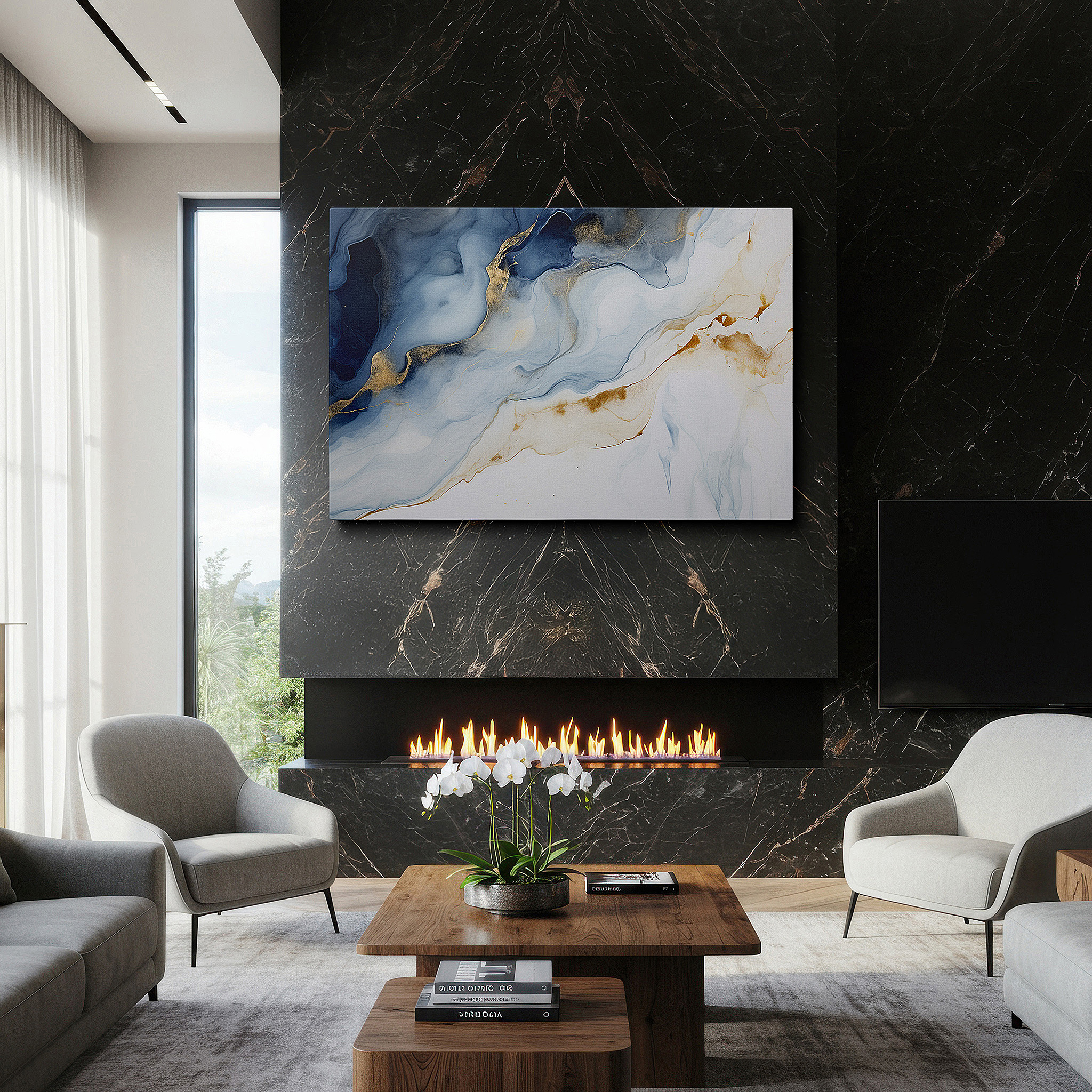 Featured in a dining room with dark wood furniture and candlelight — blue and gold abstract ocean swirls, majestic large centerpiece canvas wall art, ideal for office, living room, and bedroom decor