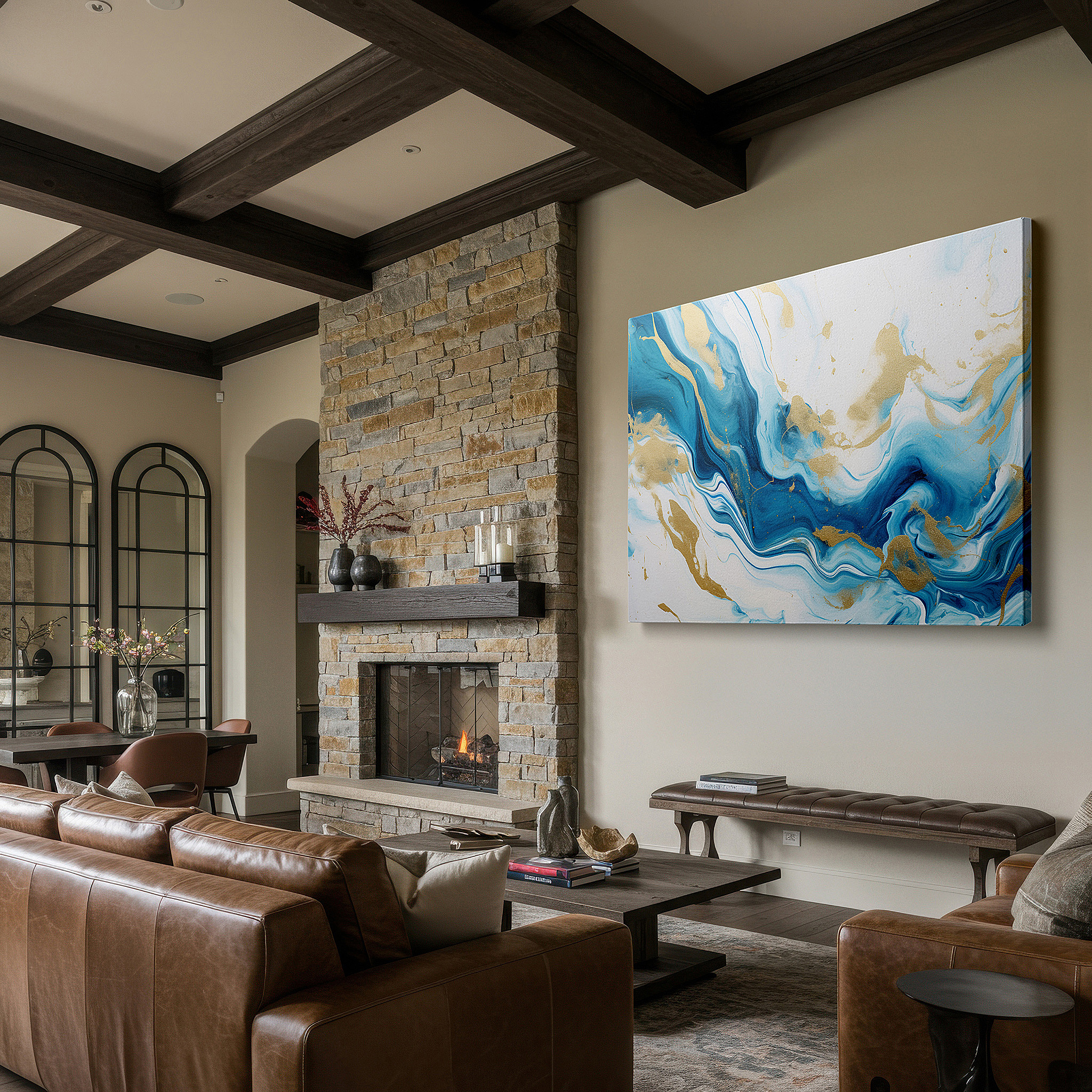 Featured in a dining room with dark wood furniture and candlelight — blue and gold enchanting nature-inspired large wall art, canvas decor for office and bedroom