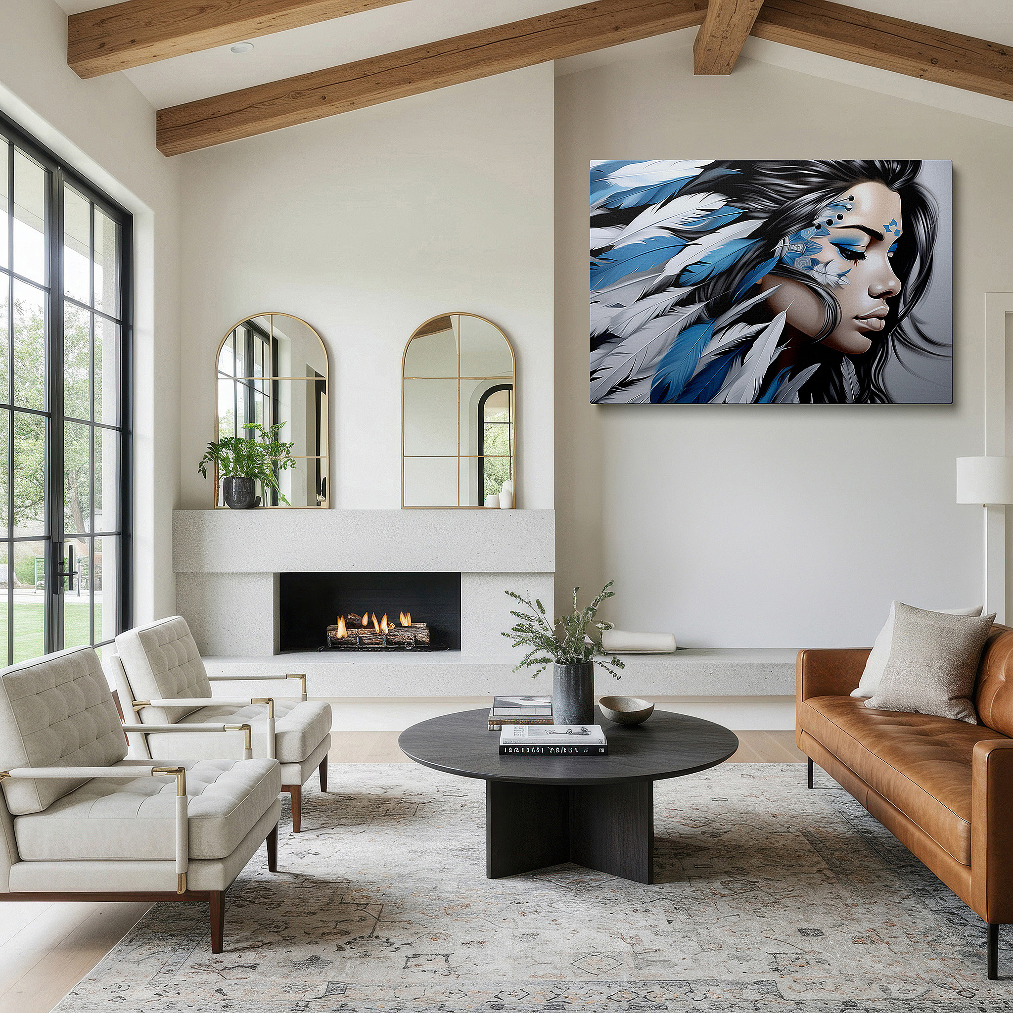 Featured in a dining room with dark wood furniture and candlelight — blue and white serene elegance feathered headdress large canvas wall art for office, bedroom, and living room decor