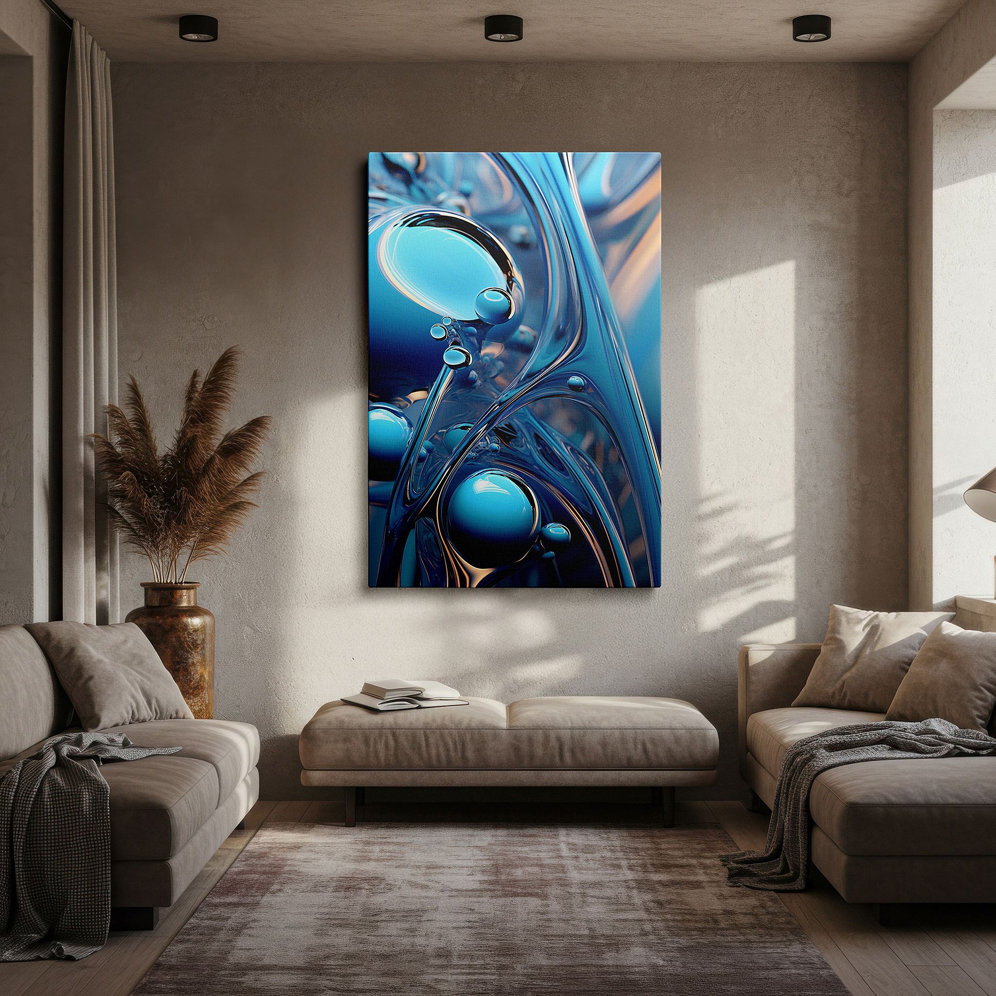 Featured in a dining room with dark wood furniture and candlelight — captivating blue fluid movement, a ballet of depth and light, oversized wall art, canvas wall art, wall decor, office wall art, bedroom wall art, living room wall art