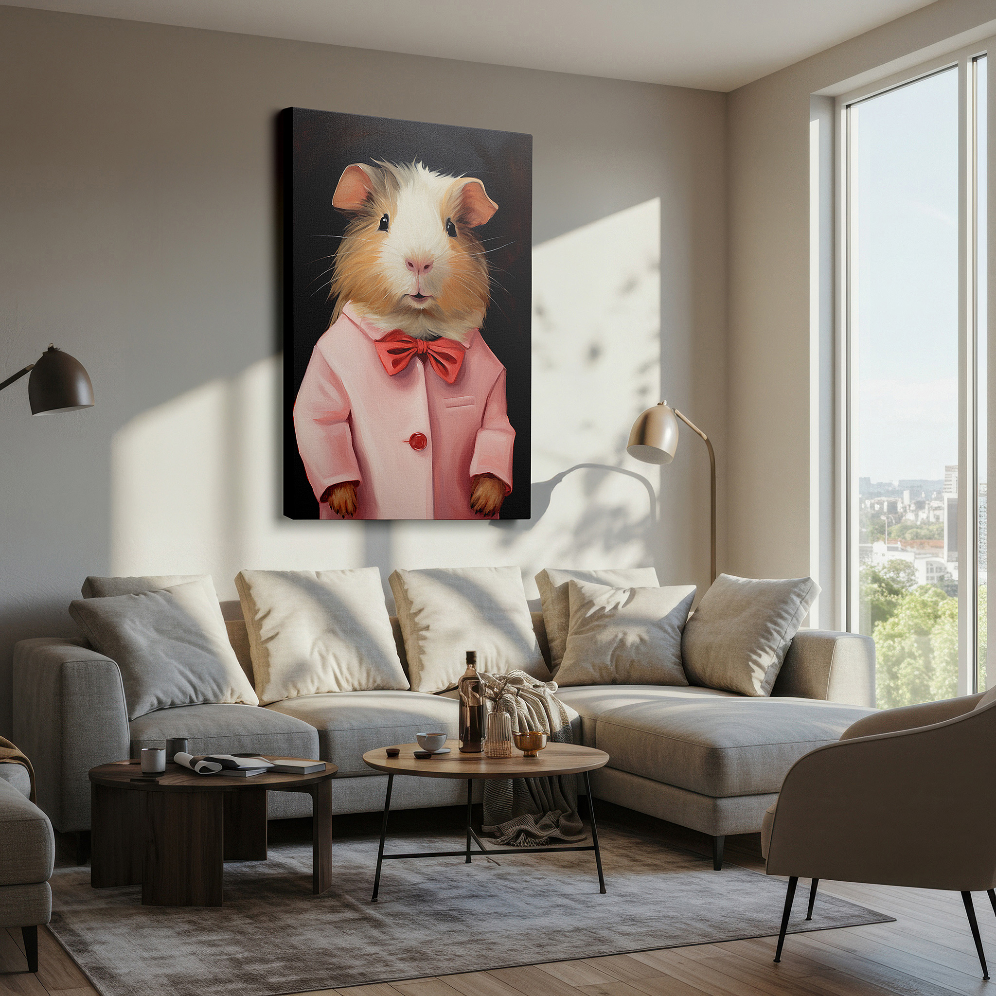 Featured in a dining room with dark wood furniture and candlelight — charming and sophisticated guinea pig in pink coat and bowtie large canvas wall art, perfect for office decor