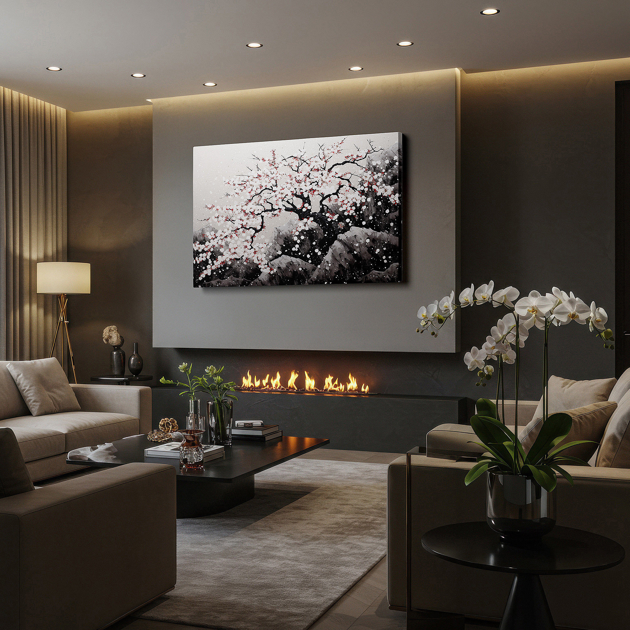 Featured in a dining room with dark wood furniture and candlelight — cherry blossoms and snow-capped mountains large canvas wall art for office and bedroom decor