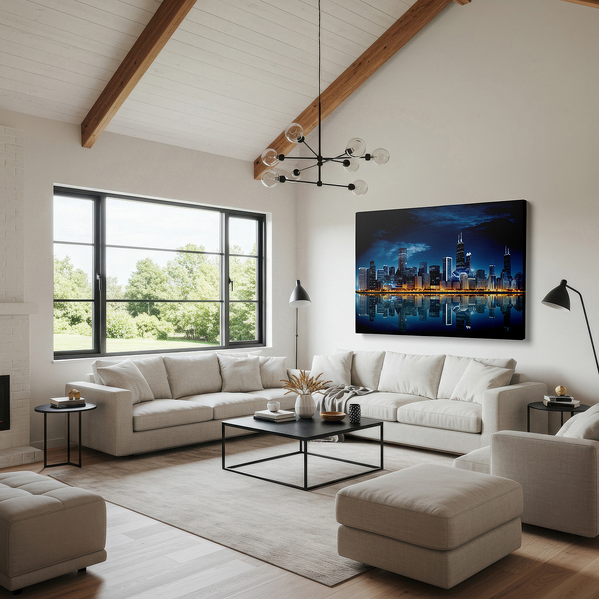 Featured in a dining room with dark wood furniture and candlelight — chicago skyline at night: light symphony and reflections - large wall art, canvas, decor for office and bedroom