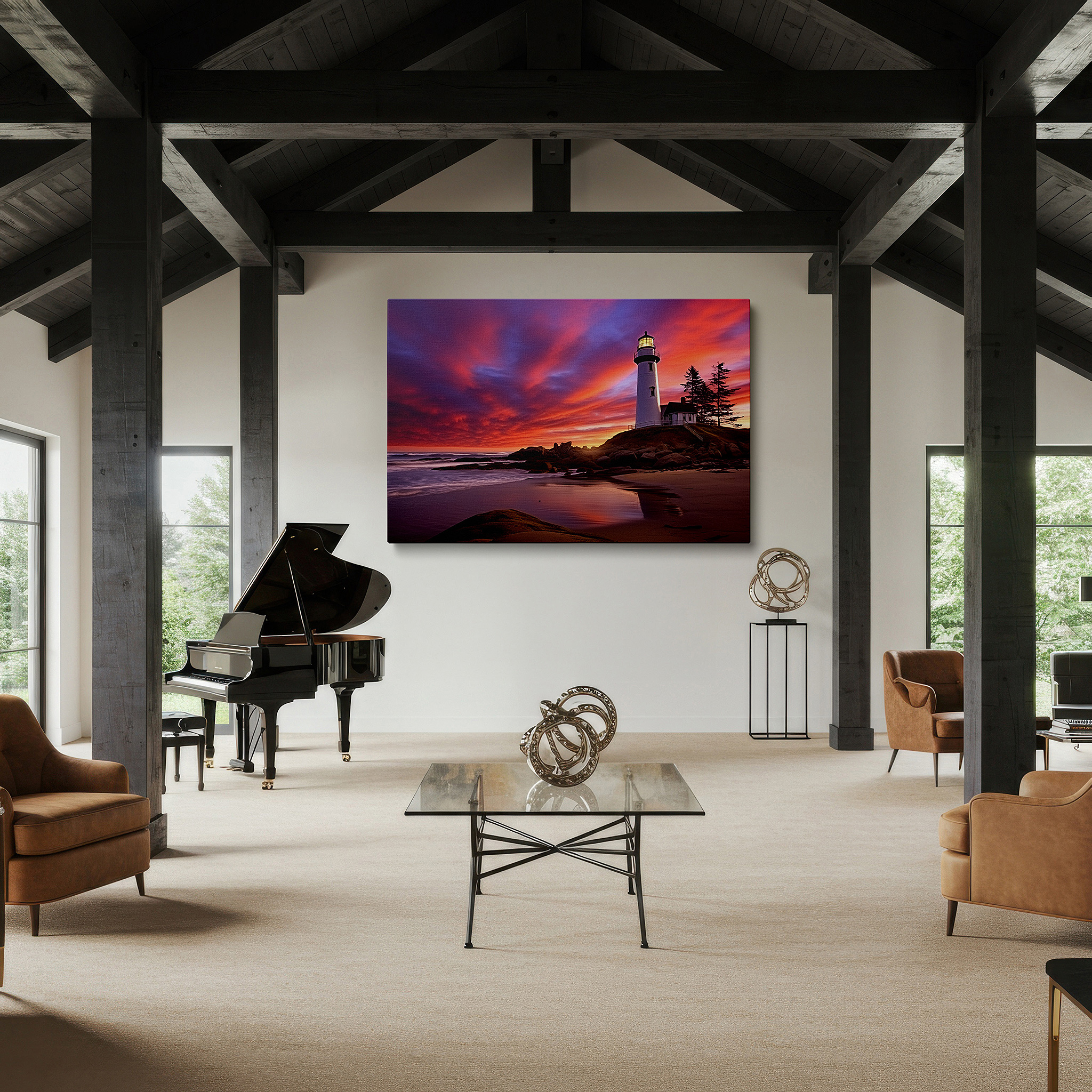 Featured in a dining room with dark wood furniture and candlelight — coastal sunset majesty: lighthouse serenity under vibrant skies - large canvas wall art for office and bedroom decor