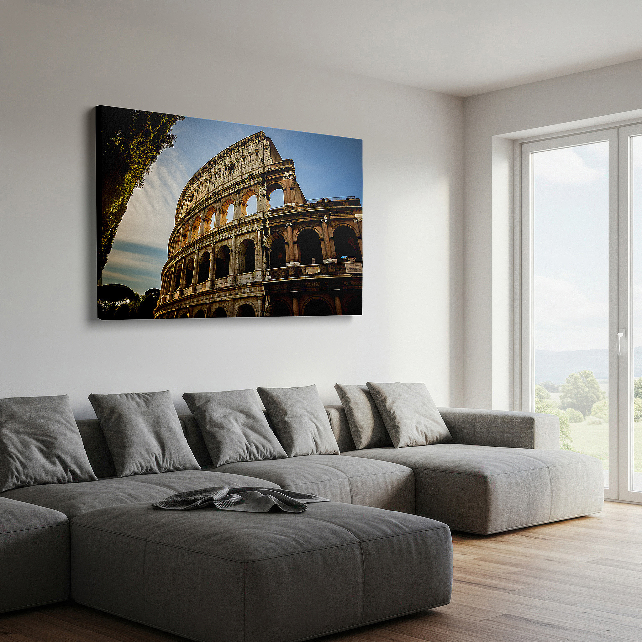Featured in a dining room with dark wood furniture and candlelight — colosseum daytime splendor: a journey through rome's storied past - large canvas wall art for office and bedroom decor