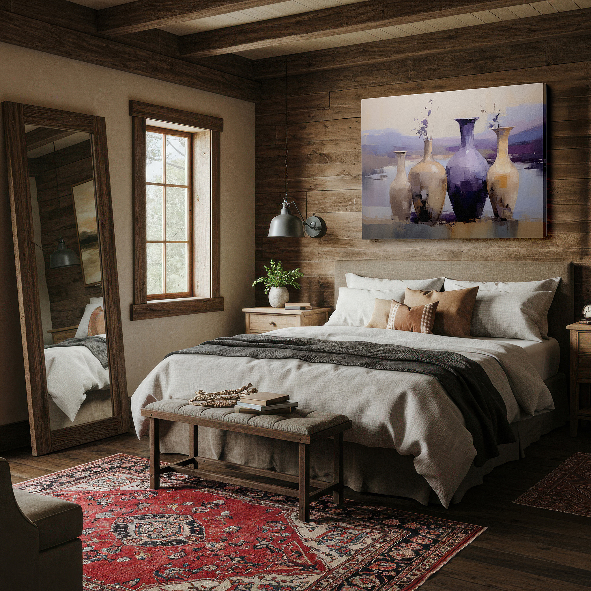 Featured in a dining room with dark wood furniture and candlelight — contemporary vases by calm waters: a vibrant mix of vivid hues and peaceful imagery - oversized wall art, canvas prints, wall decor, office artwork