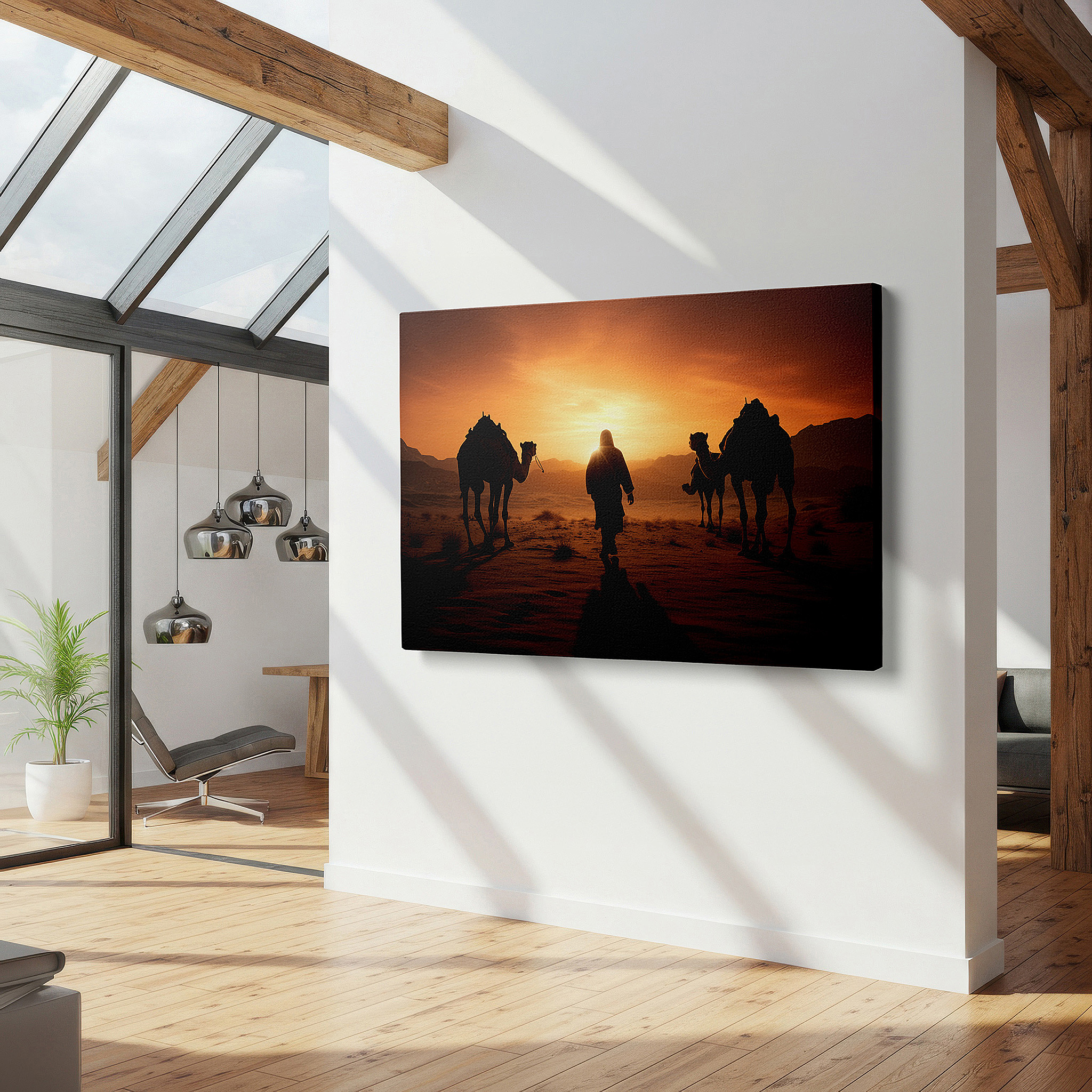 Featured in a dining room with dark wood furniture and candlelight — desert sunset caravan wall art: camels crossing the horizon, tranquil journey scene, large canvas for home and office decor, perfect for living room and bedroom