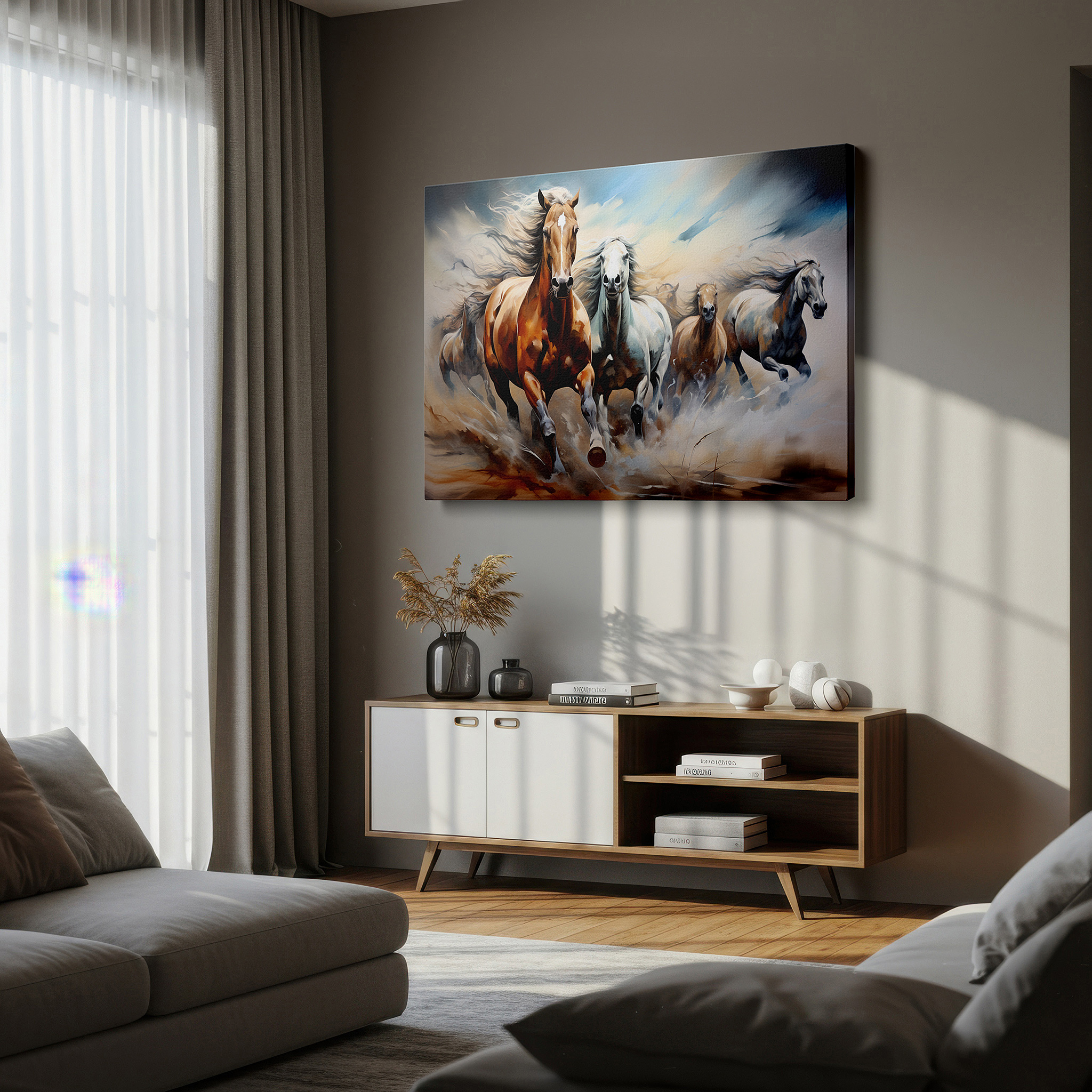 Featured in a dining room with dark wood furniture and candlelight — desert sunset with galloping horses, large canvas wall art for office and bedroom decor