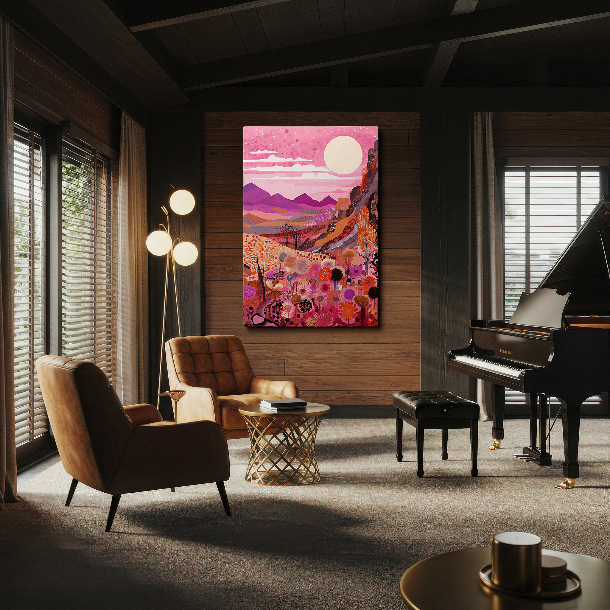 Featured in a dining room with dark wood furniture and candlelight — desert sunset: a vibrant fusion of realism and fantasy - large canvas wall art for office and bedroom decor