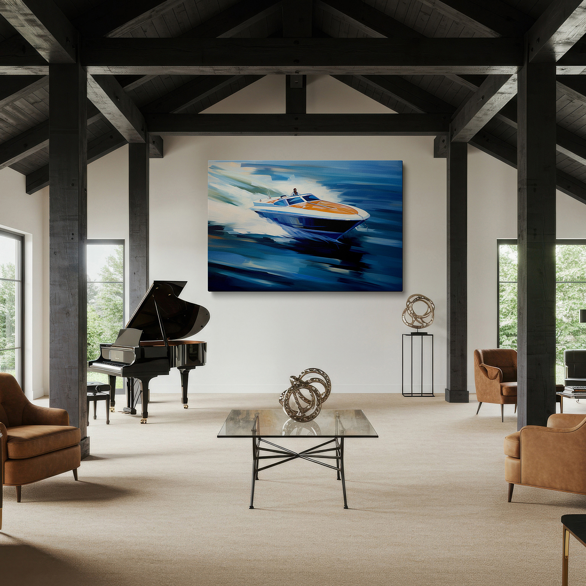 Featured in a dining room with dark wood furniture and candlelight — dynamic speed boat adventure on azure waves - nautical thrills and elegance wall art, large canvas decor for office