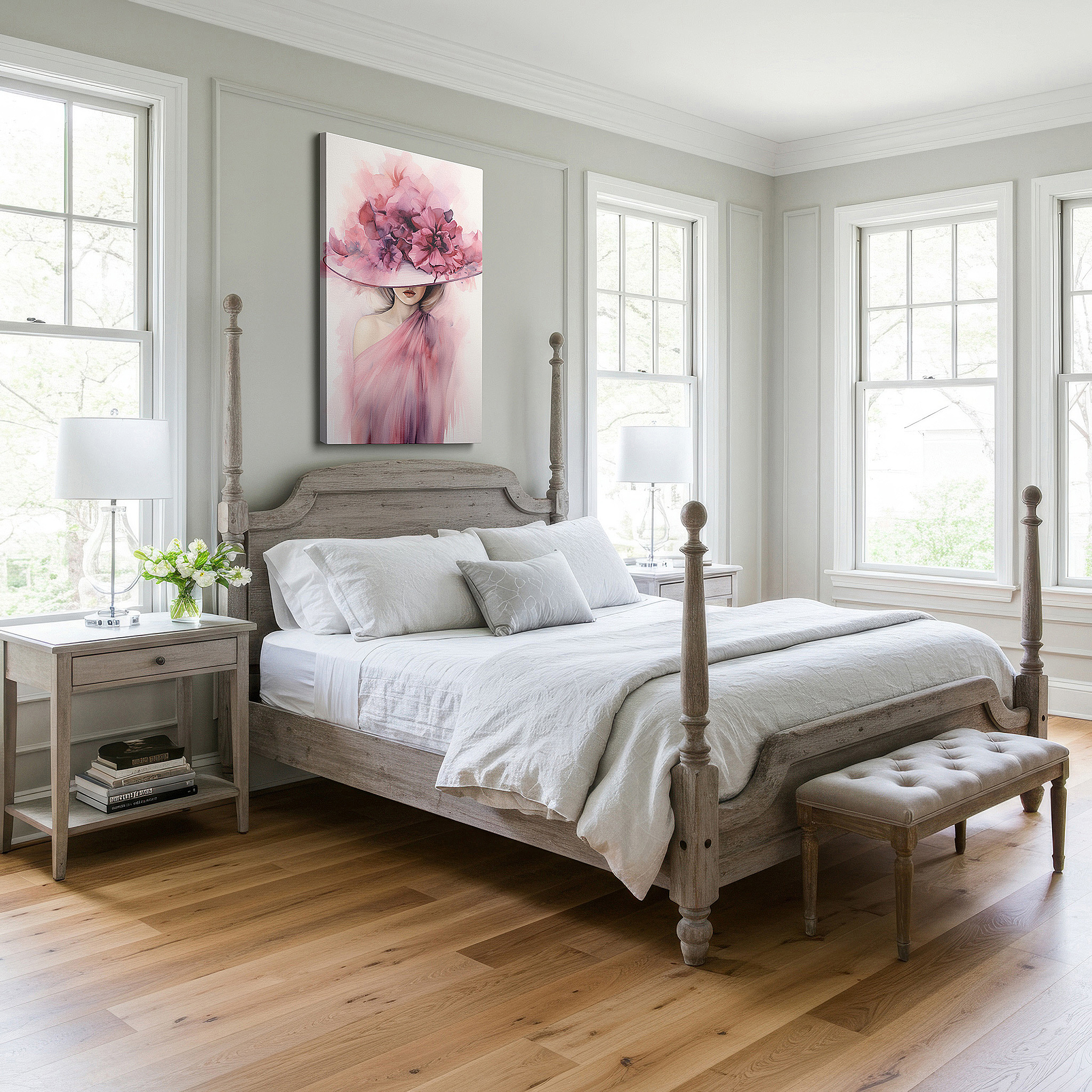 Featured in a dining room with dark wood furniture and candlelight — elegant floral hat canvas wall art: perfect for office, bedroom, and living room decor
