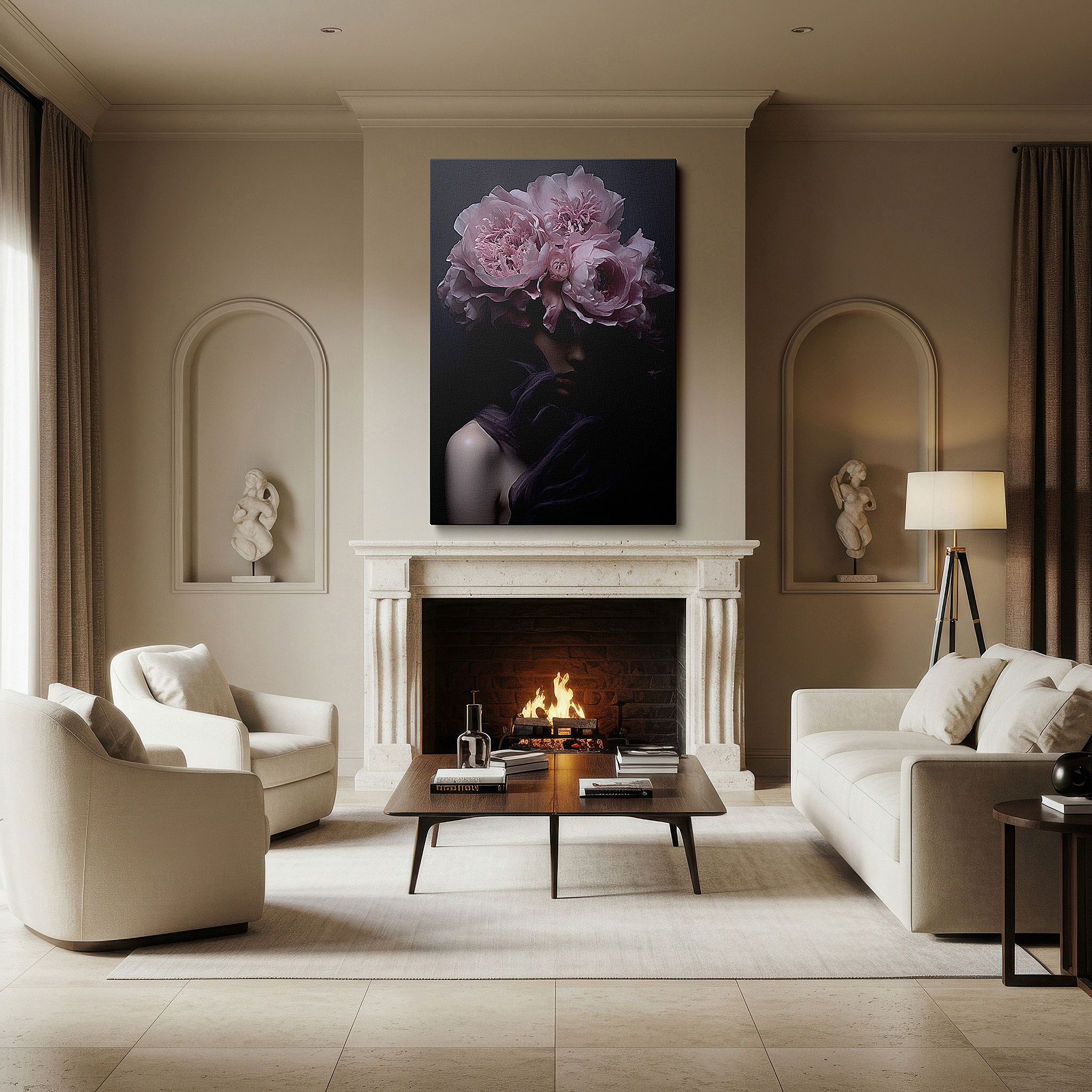 Featured in a dining room with dark wood furniture and candlelight — elegant pink floral crown wall art - large canvas for bedroom, living room, or office decor