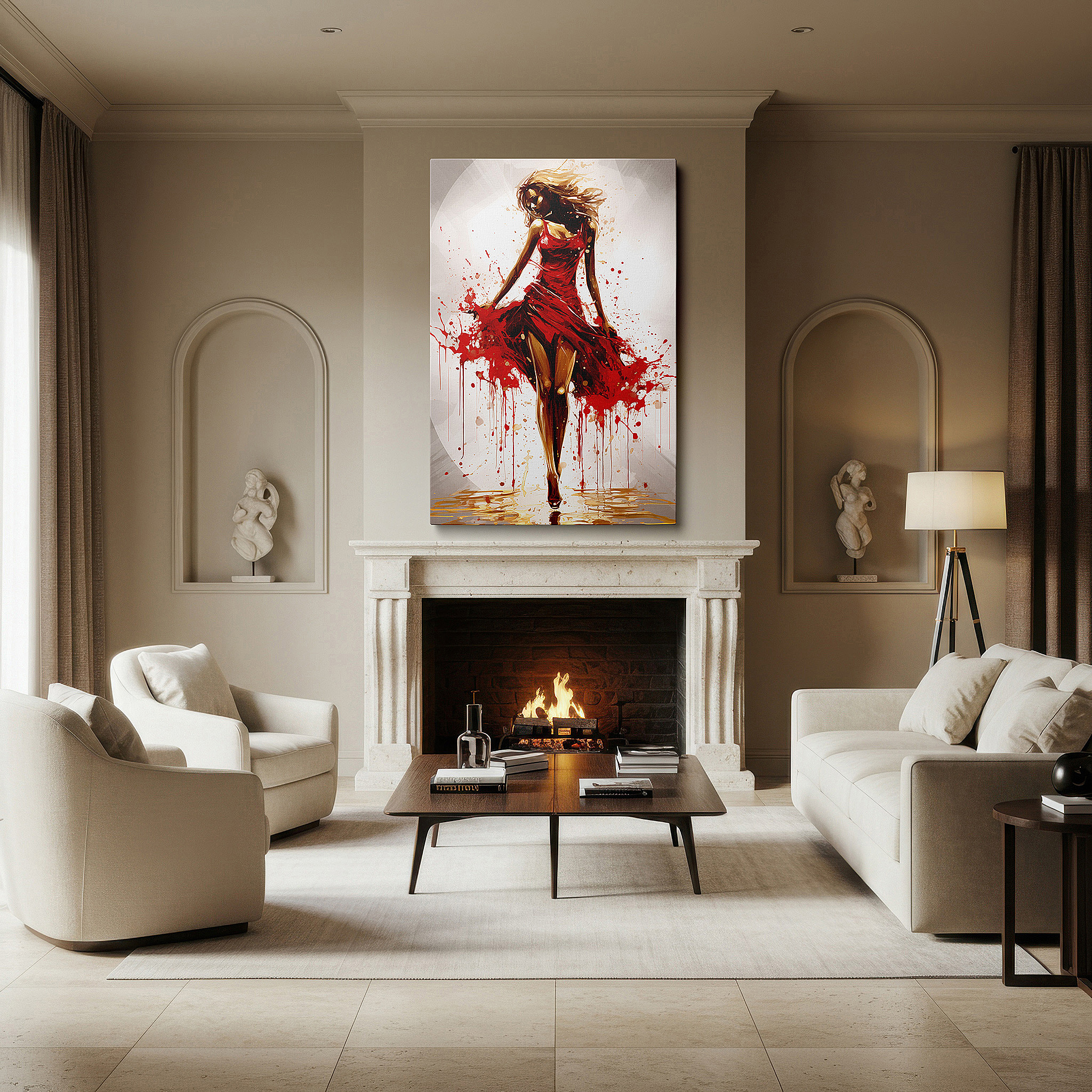 Featured in a dining room with dark wood furniture and candlelight — elegant red captivation: a symbol of feminine strength and creative energy - large wall art, canvas wall art, wall decor for office and bedroom