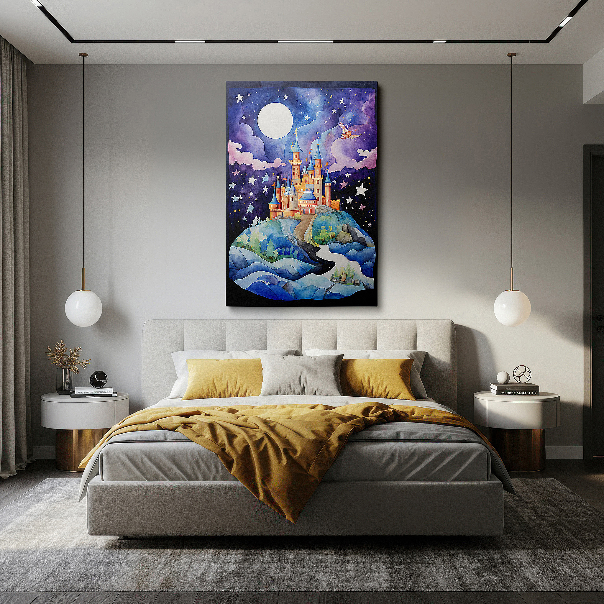 Featured in a dining room with dark wood furniture and candlelight — enchanted castle in a starlit realm wall art: fairy tale magic landscape, large canvas art for office and bedroom decor