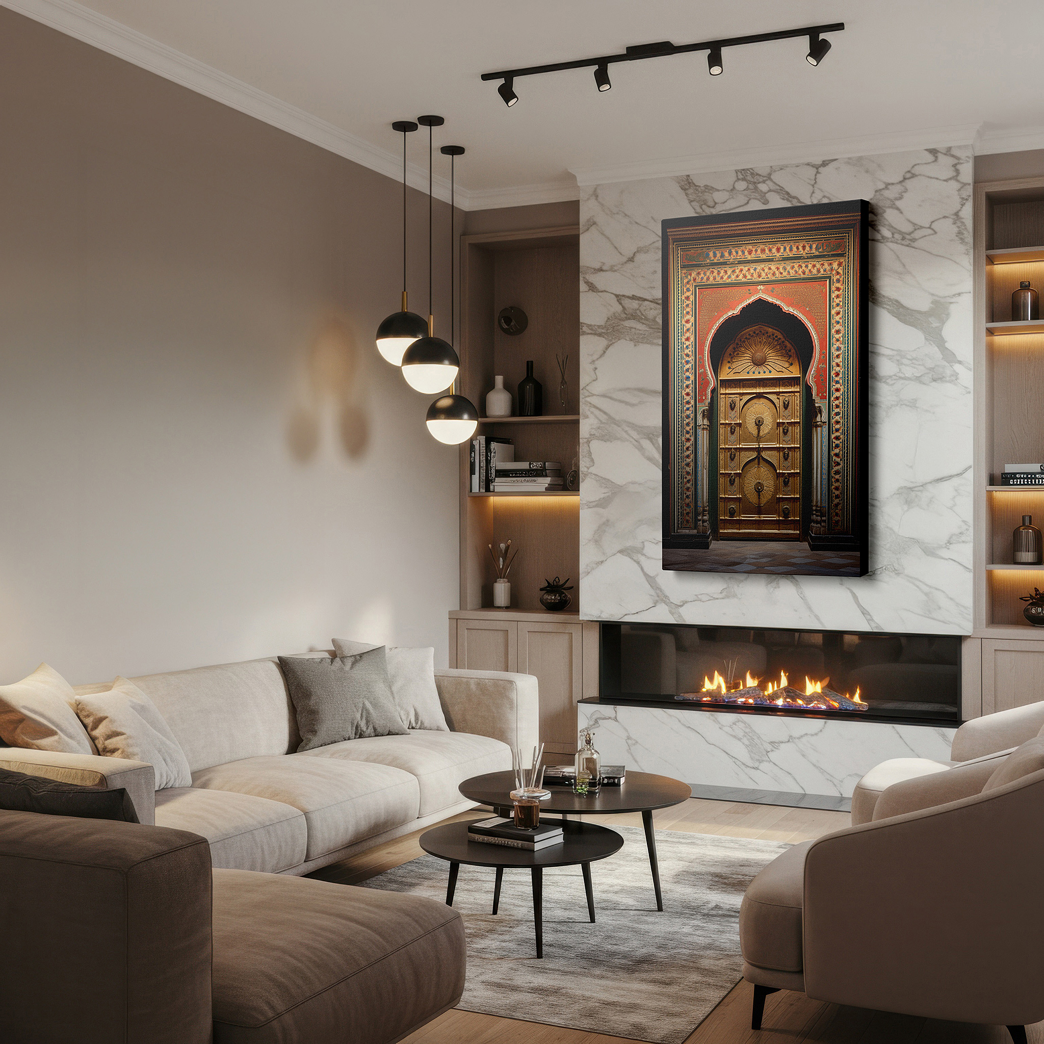 Featured in a dining room with dark wood furniture and candlelight — explore cultural treasures with vibrant, historically inspired large wall art for offices and bedrooms