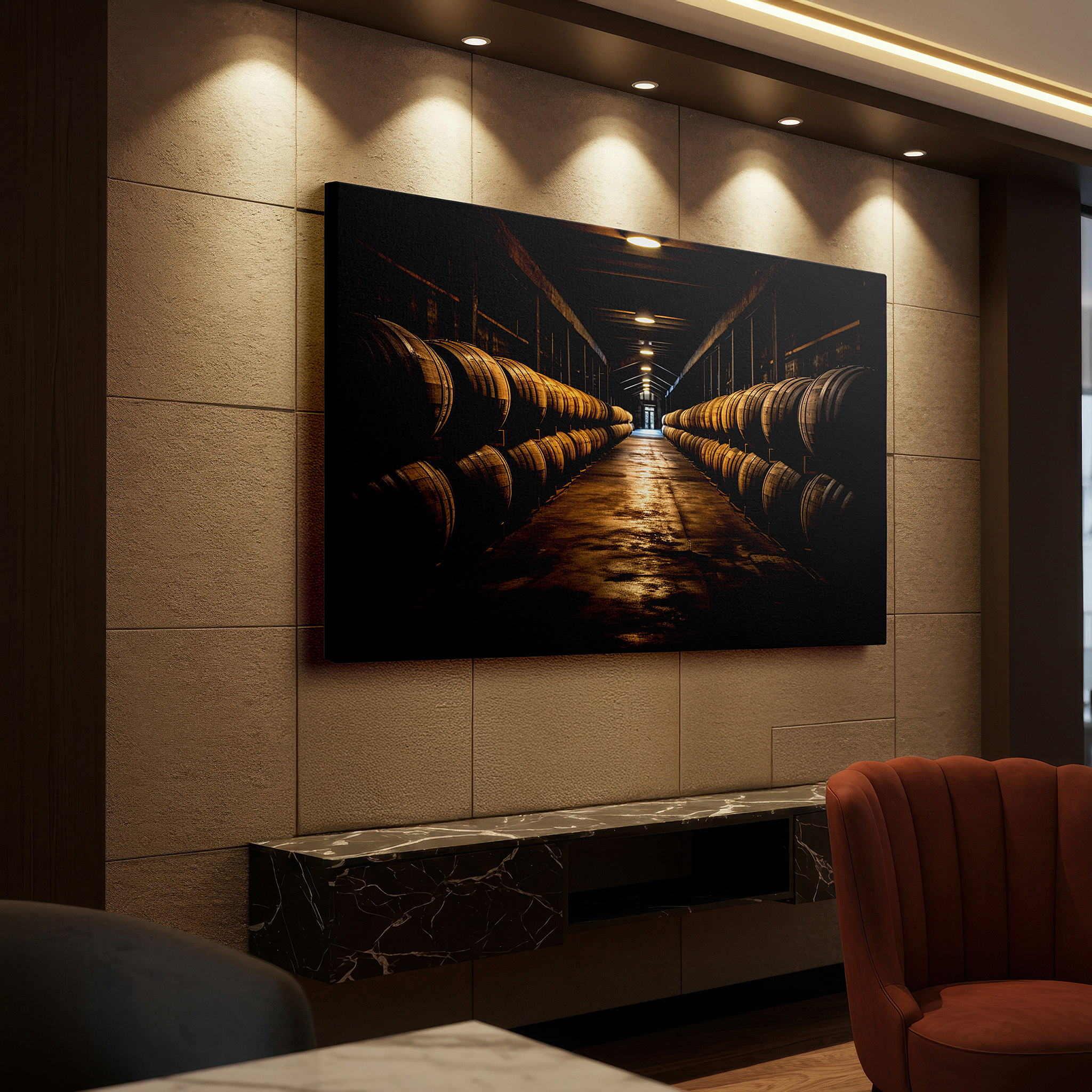 Featured in a dining room with dark wood furniture and candlelight — exploring time in a classic barrel room: a tribute to craftsmanship and coziness - large wall art, canvas wall art, wall decor for offices
