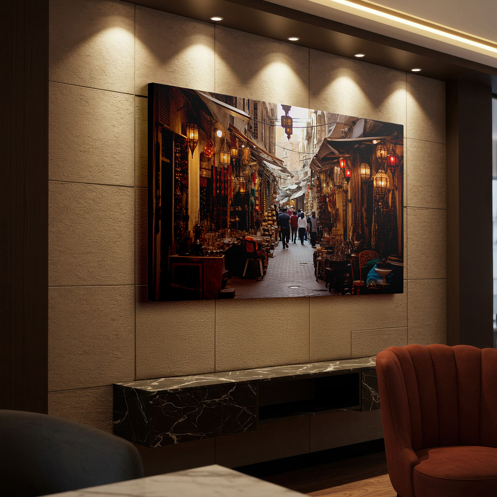 Featured in a dining room with dark wood furniture and candlelight — festively lit vibrant marketplace alley, a cultural mosaic displayed on large wall art, canvas wall art, wall decor for office