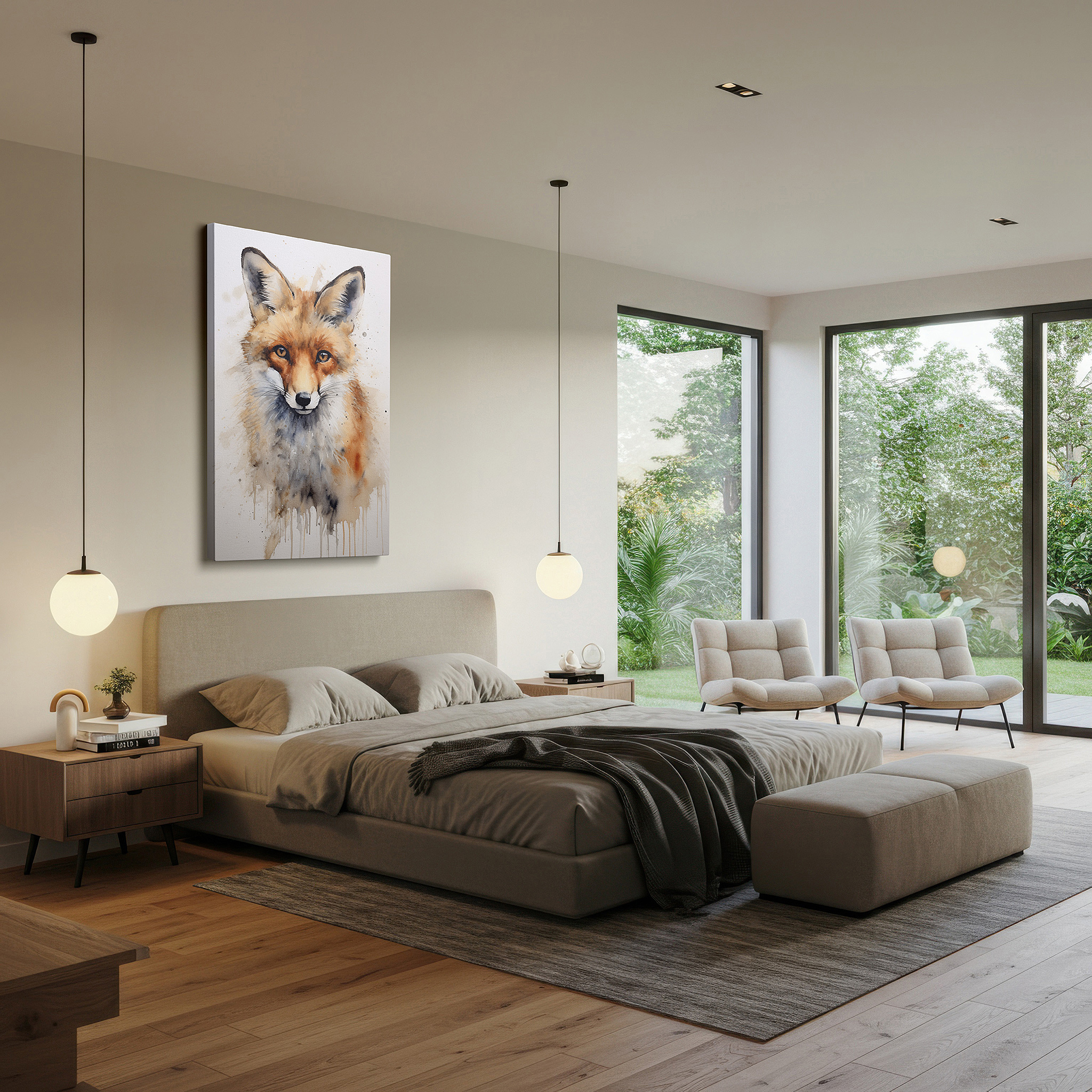 Featured in a dining room with dark wood furniture and candlelight — fiery-hued majestic fox: a vivid watercolor masterpiece with an engaging gaze, large wall art, canvas wall art, wall art decor, office wall art