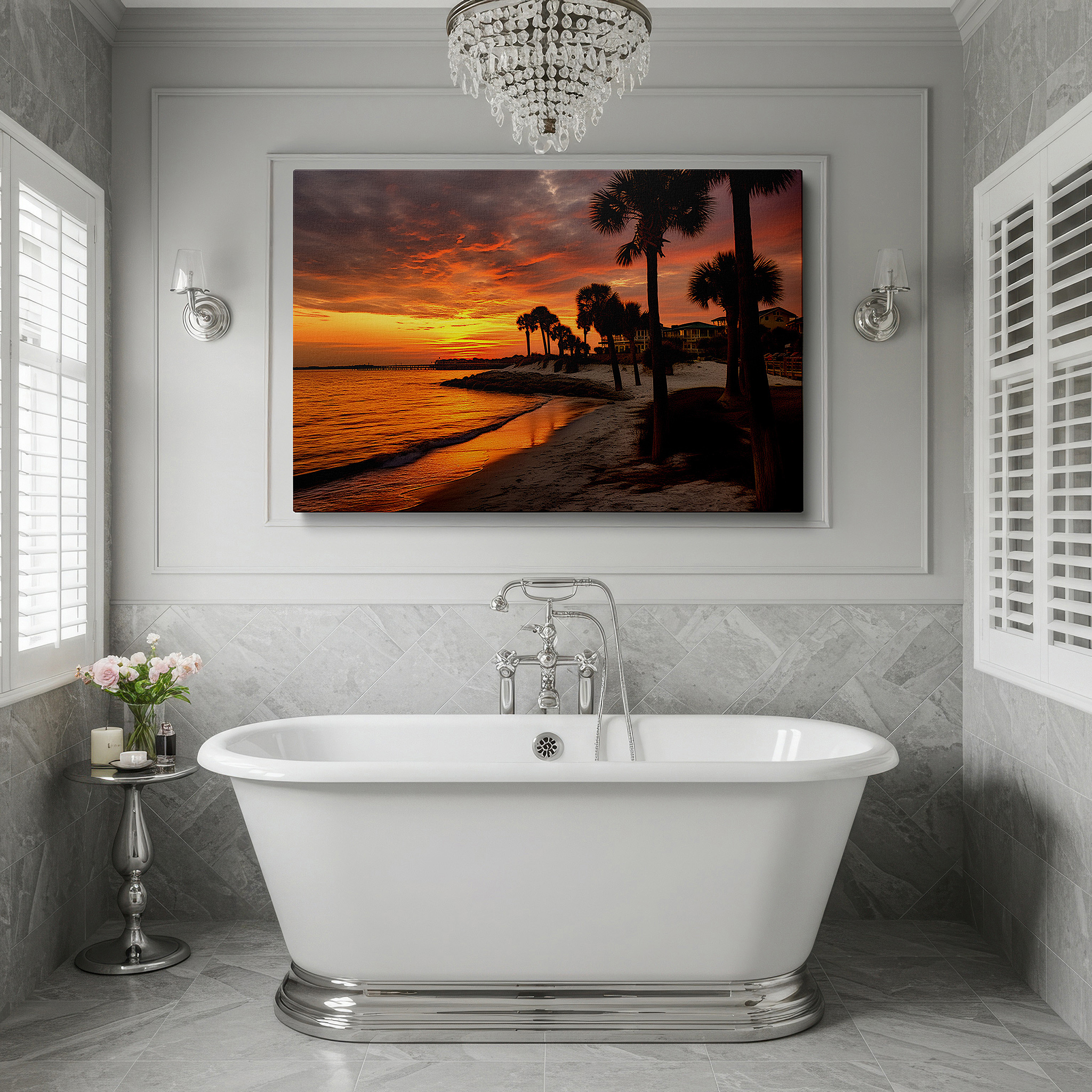 Featured in a dining room with dark wood furniture and candlelight — fiery sunset and palm silhouette reflections on sandy beach - large canvas wall art for office and bedroom decor