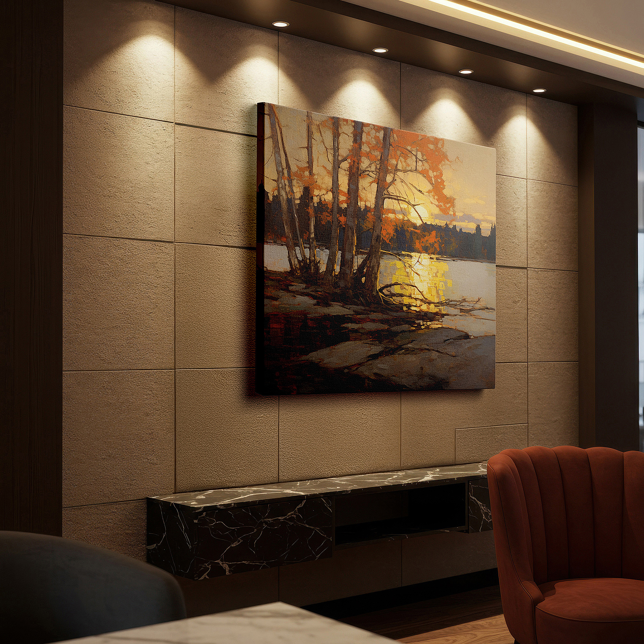 Featured in a dining room with dark wood furniture and candlelight — golden autumn leaves reflected in a serene lake at sunset - large canvas wall art for office, bedroom, and living room decor