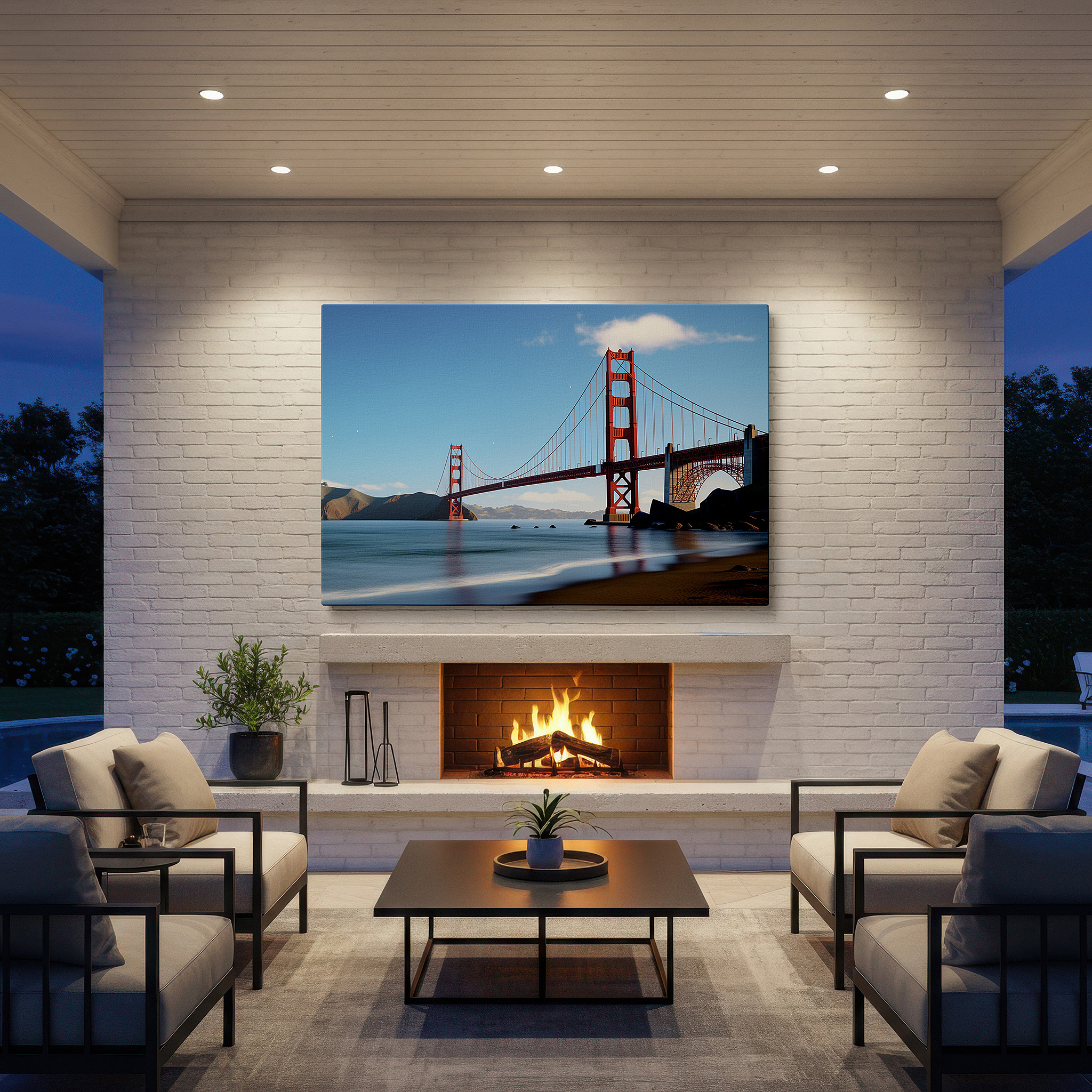 Featured in a dining room with dark wood furniture and candlelight — golden gate bridge - a majestic blend of engineering and natural beauty, large canvas wall art for home and office decor