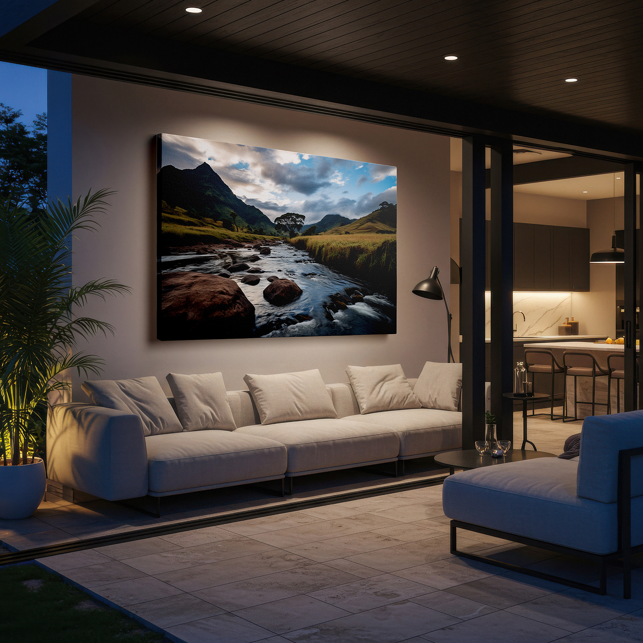 Featured in a dining room with dark wood furniture and candlelight — golden grasslands at twilight with meandering stream and dynamic sunset sky - large canvas wall art for office decor